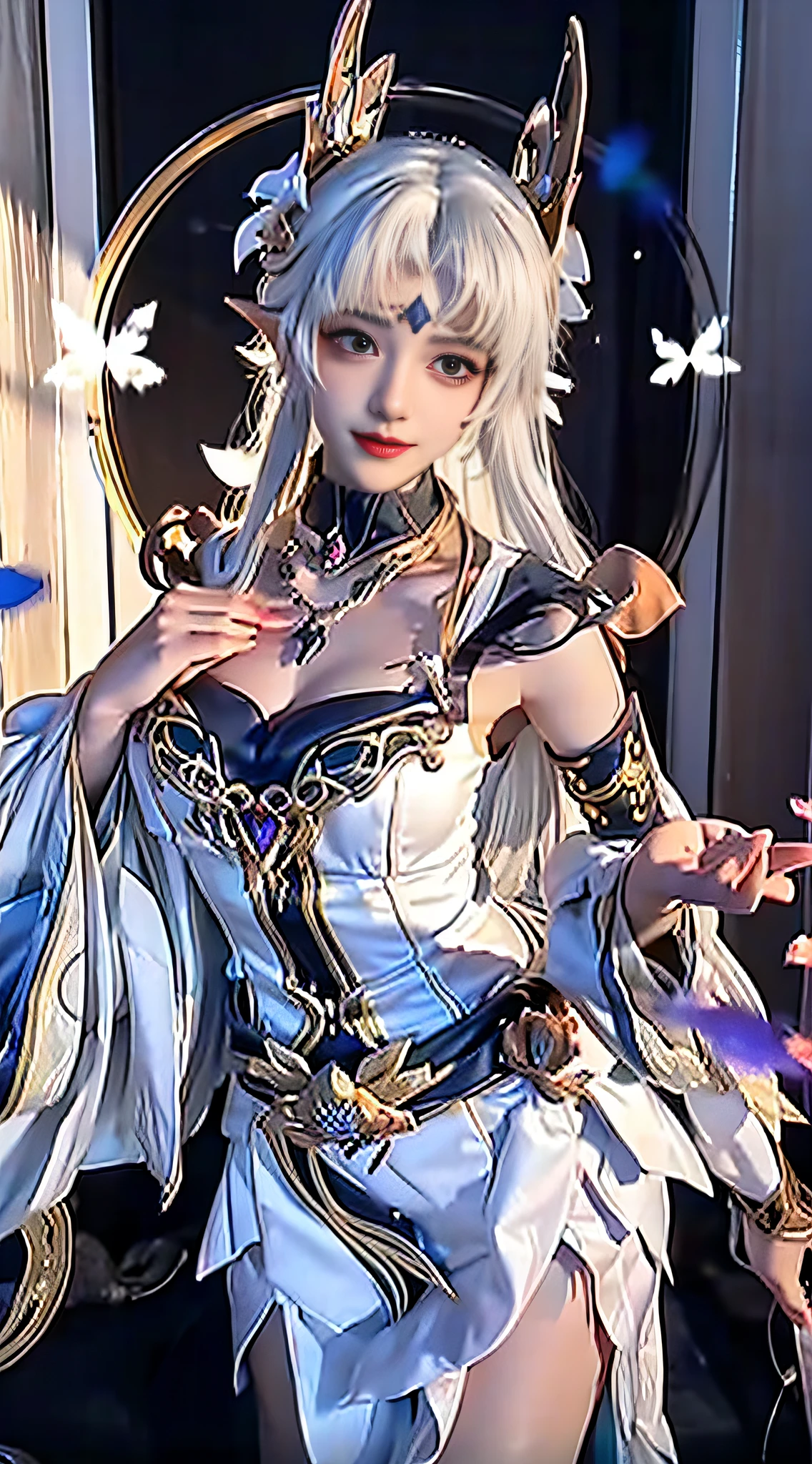 Fantastic beautiful background，There is a strong sense of layering，Sable Cicada in Glory of Kings is a beautiful and enchanting character，Her physical features are as follows： long whitr hair：The hair of mink cicadas is usually long black or dark red hair，The shawl goes down，Sometimes combed into different hairstyles，It is common to have double ponytails tied up on the sides or scattered on the shoulders。 The eye：She has big, bright eyes，It is usually a flexible semi-curved shape，The eyes appear a deep black or brown color。 eyebrows very：The eyebrows of the mink cicada are slender and elegant，You may wear some delicate eyebrow makeup，Makes the entire face more three-dimensional and refined。 Face：Her face shape is usually slender and soft oval in shape，with fair and smooth skin，Exquisite makeup。Her facial features are evenly distributed，The forehead is broad，The nose is straight，Plump lip shape。 garments：Sable cicadas like to wear fancy costumes，Clothes inspired by ancient Chinese court costumes are often chosen。Common clothing features include robes、Belt and intricate embroidery。Color aspect，She often wears red、Purple or gold clothing，to show her dignity and enchantment。 trinkets：The mink cicada usually wears some ornate ornaments to add to her style，Such as headdresses、耳Nipple Ring、Necklaces and bracelets, etc。These jewelry are usually made of metal，and set with precious stones or pearls，Make her more radiant。 Overall，The physical features of the mink cicada show her gorgeousness and mystery，By depicting these characteristics in detail，Lie down in bed，Long legs lying on pillows