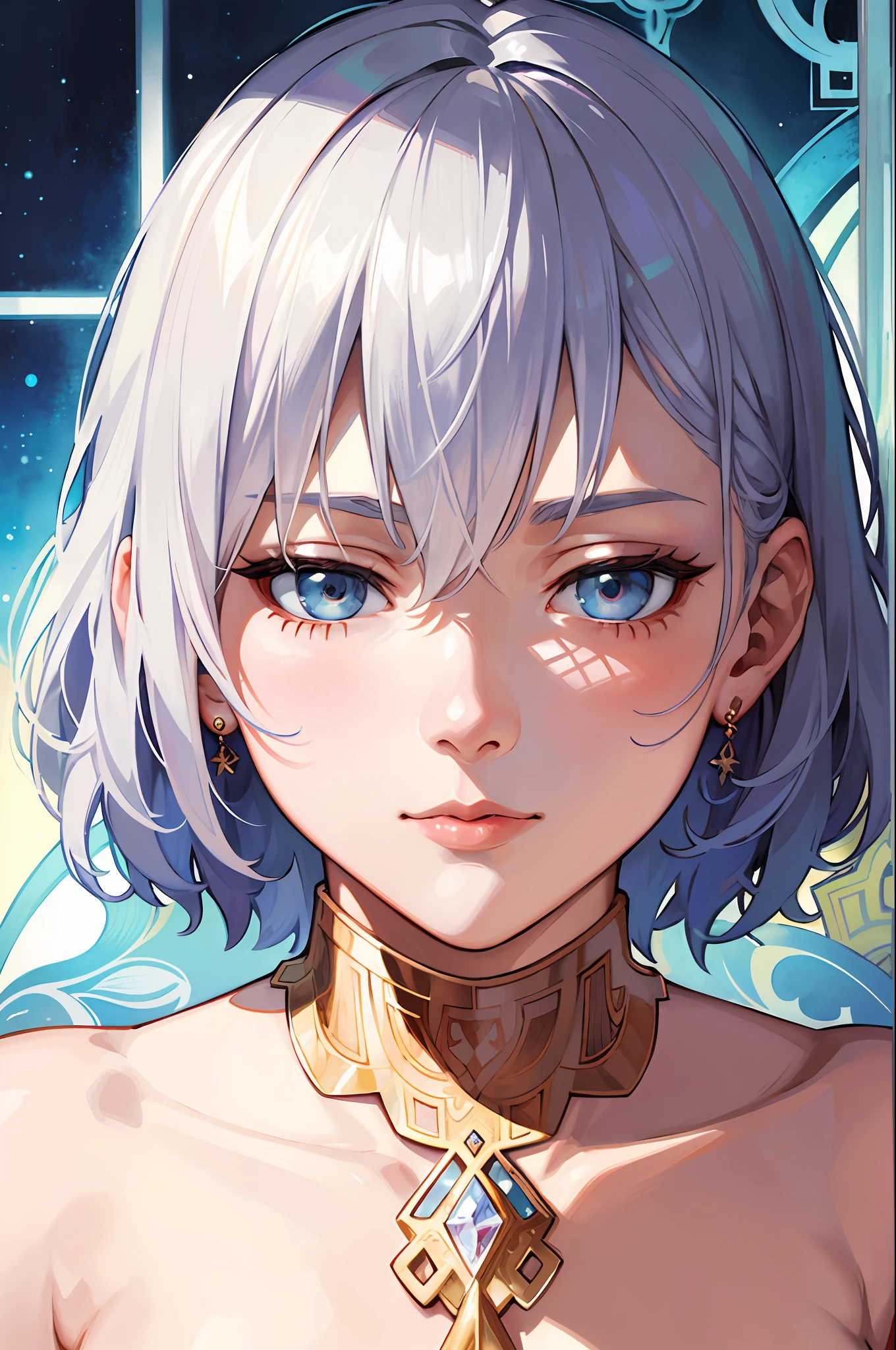 Portrait of Russian woman's face、short-haired、Silver hair、Ice frame、Decorative panel、abstract art、By Alphonse Mucha (masterpiece、top-quality、hight resolution: 1.4)、detaileds、intricate-detail、4K、color splashes、Line Art、Fibonacci、