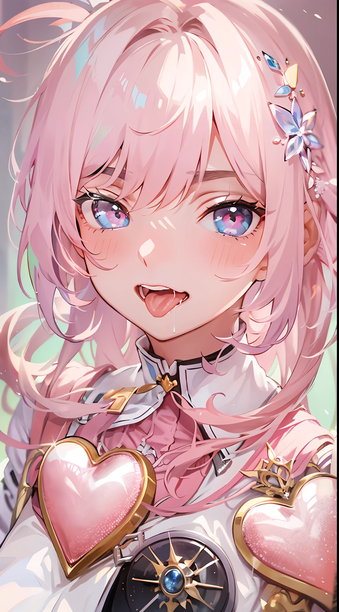 high qulity,4k画质,facial closeups,heart - shaped face,二重まぶた,Pink love pupils,pink short hair,Open-mouthed,Stick out your tongue,Saliva runs down the corners of the mouth,Crystal saliva,detail in face,Good facial structure,beauitful face,High detail face,Stunning girlfriend