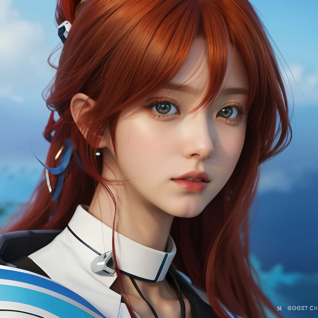 Costume de mecha，Close-up of a woman with red hair and blue and white, anime realism style, realistic anime artstyle, Guviz-style artwork, anime styled digital art, Realistic anime 3 D style, made with anime painter studio, Digital anime art, a beautiful anime portrait, anime digital art, Anime style. 8K, advanced anime digital art