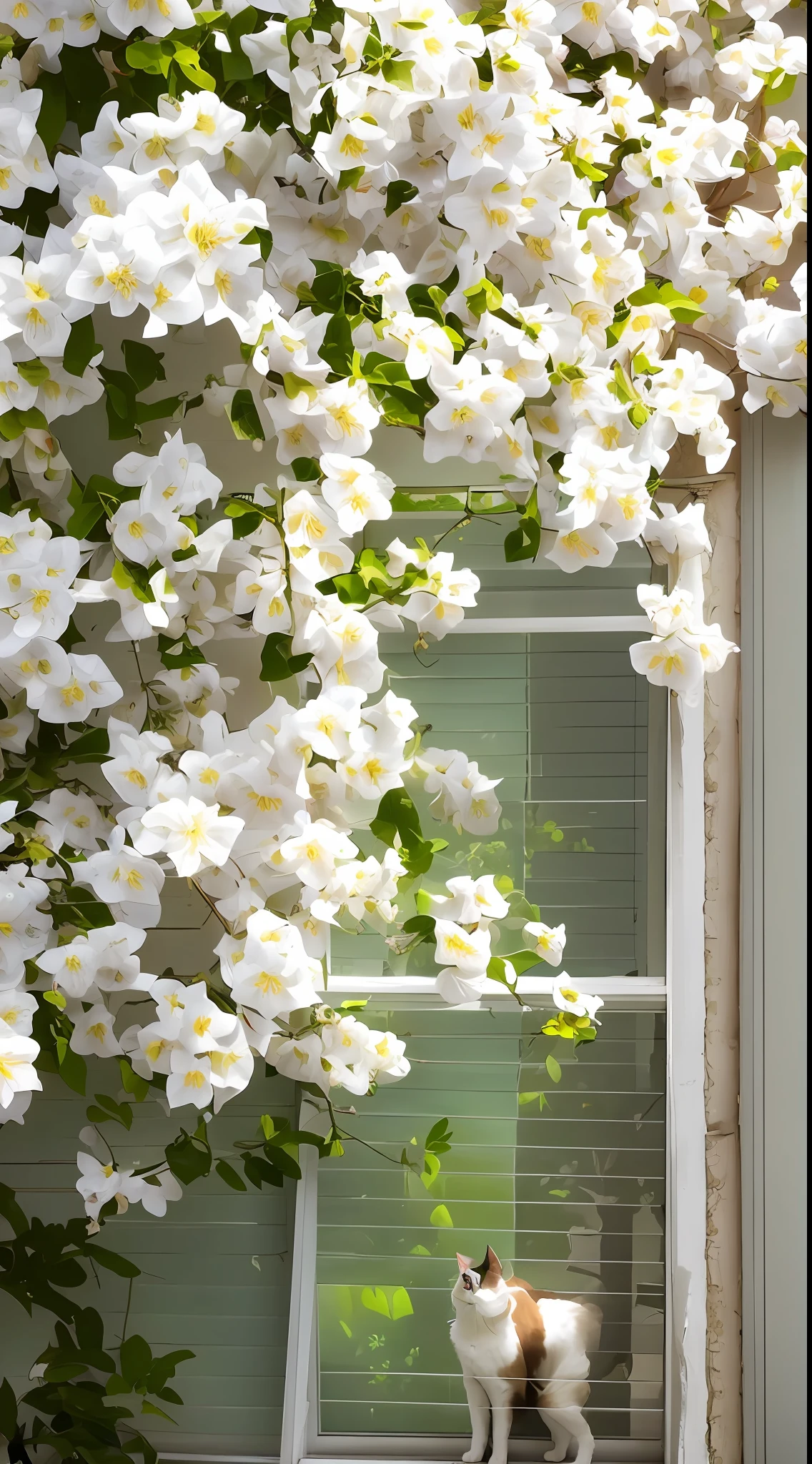 There was a cat sitting on a windowsill under a tree, nature and floral aesthetics, Beautiful window photos, beautiful aesthetic, white blossoms, White flowers, huge flower, Clematis is like stars in the sky, clematis theme banner, flowering vines, flowers blooming, blossoming, Beautiful composition, Beautiful and aesthetic, jasmine, Blooming flowers, blossoms