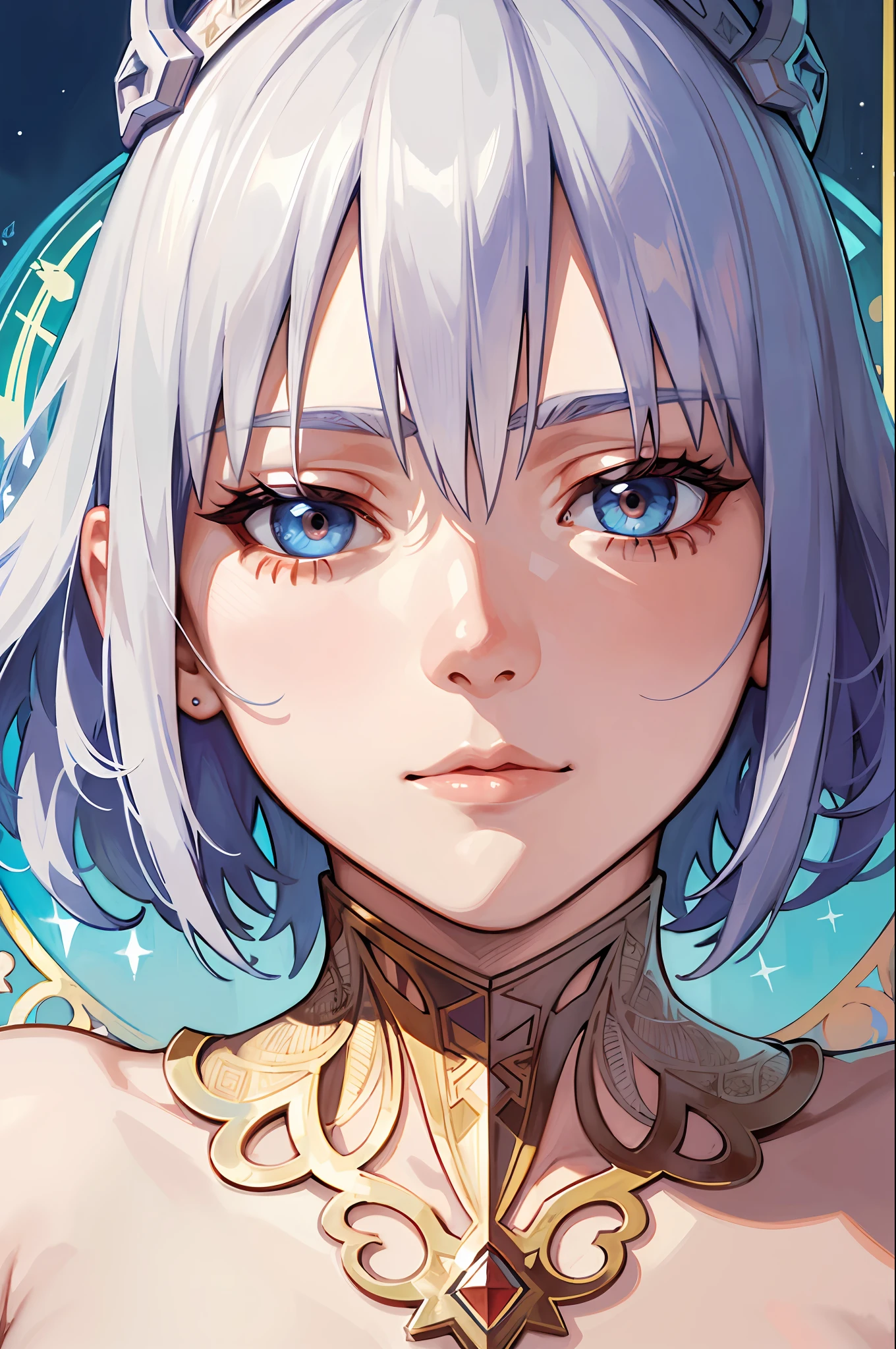 Portrait of Russian woman's face、short-haired、Silver hair、Ice frame、Decorative panel、abstract  art、By Alphonse Mucha (​masterpiece、top-quality、hight resolution: 1.4)、detaileds、intricate-detail、4K、color splashes、Line Art、Fibonacci、