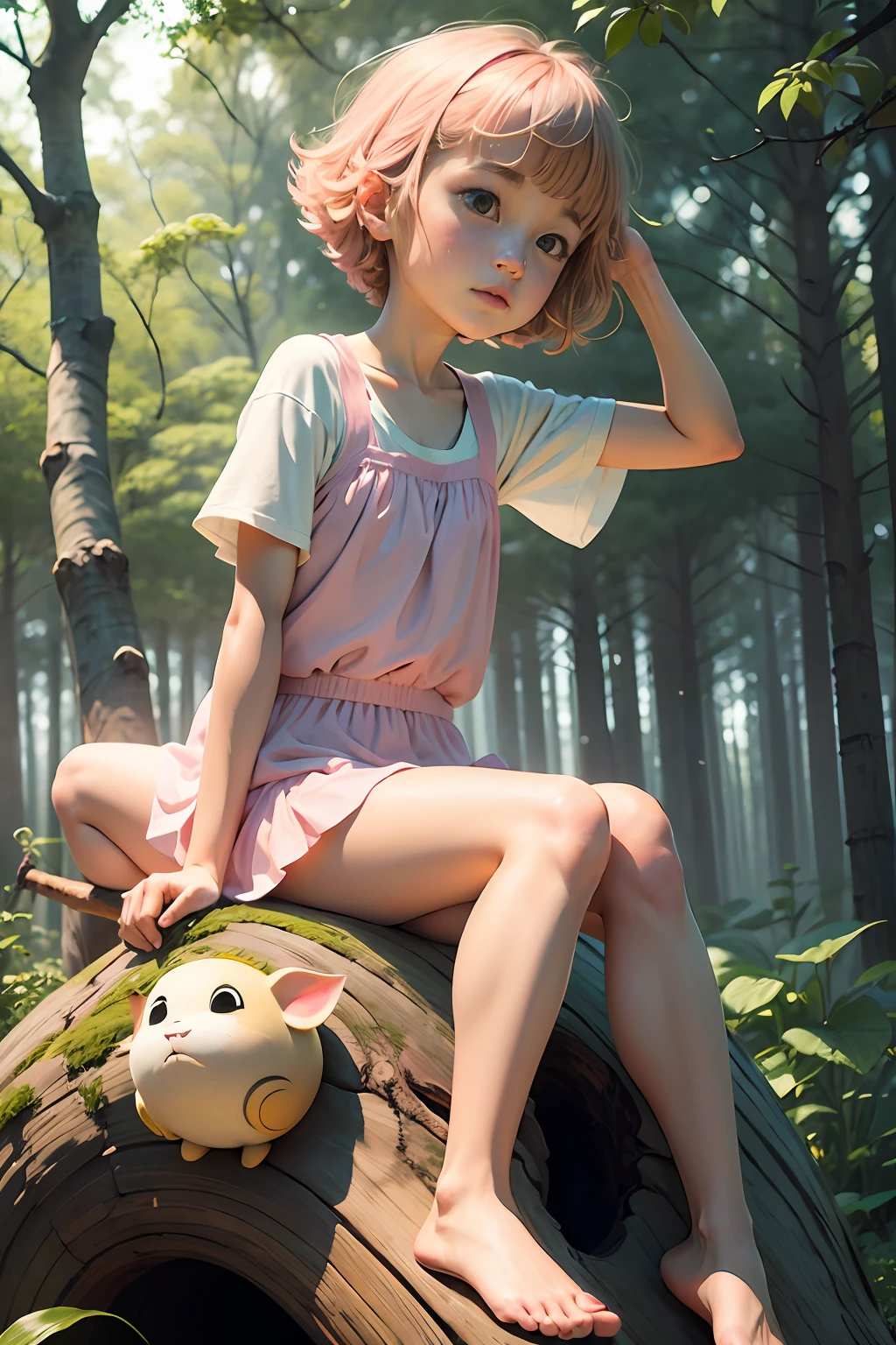 filmes: Viagem de Chihiro, personagem: Chihiro, pink swimsuit, sitting on a tree trunk, 8k, (melhor qualidade), (best resolution)