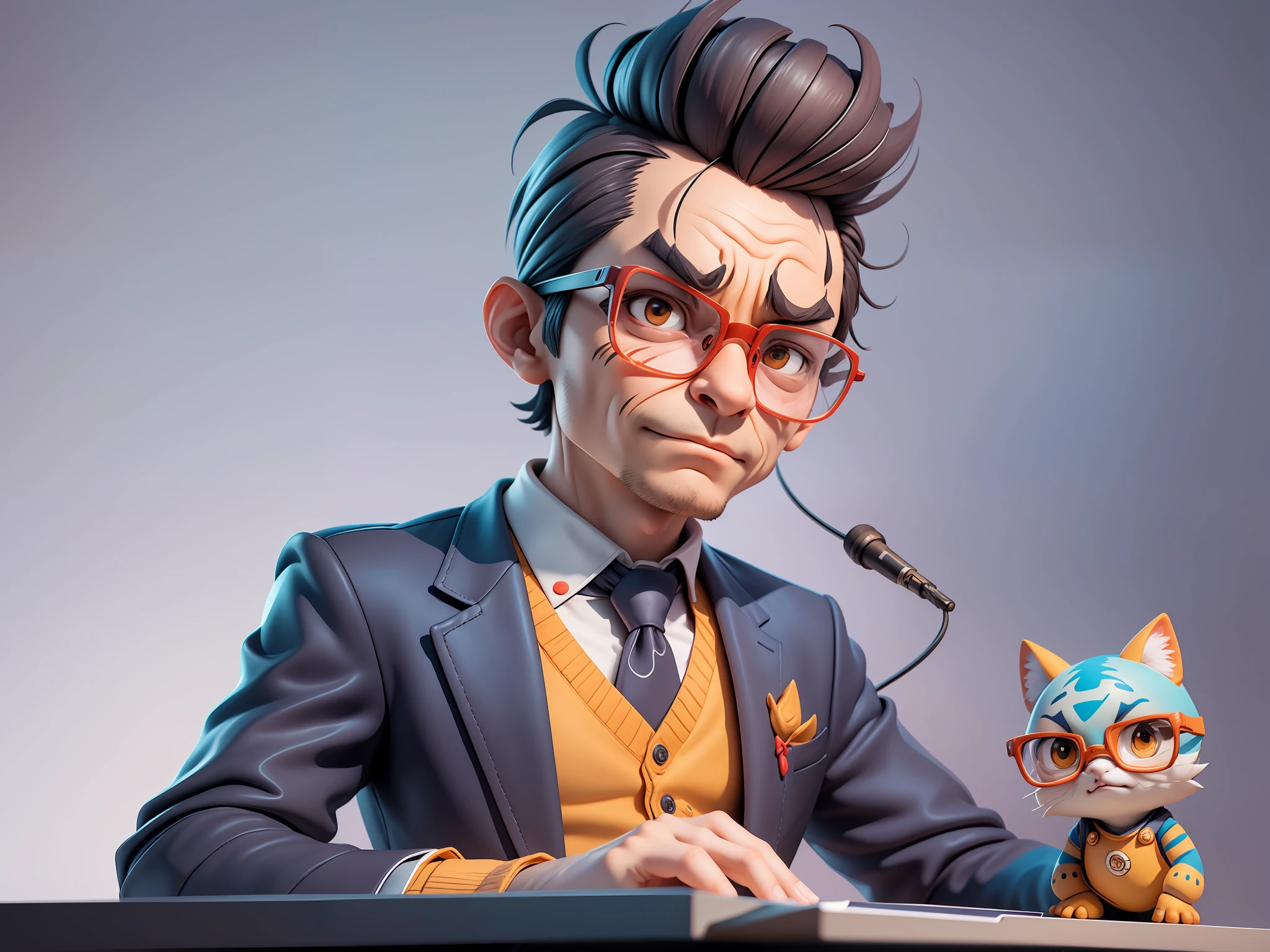 A young man in a suit, Short hair and glasses sat at his desk,holding laptop,digitial painting,tigre,3D character design by Mark Clairen and Pixar and Hayao Miyazaki and Akira Toriyama,4K HD illustration,Very detailed facial features and cartoon-style visuals。