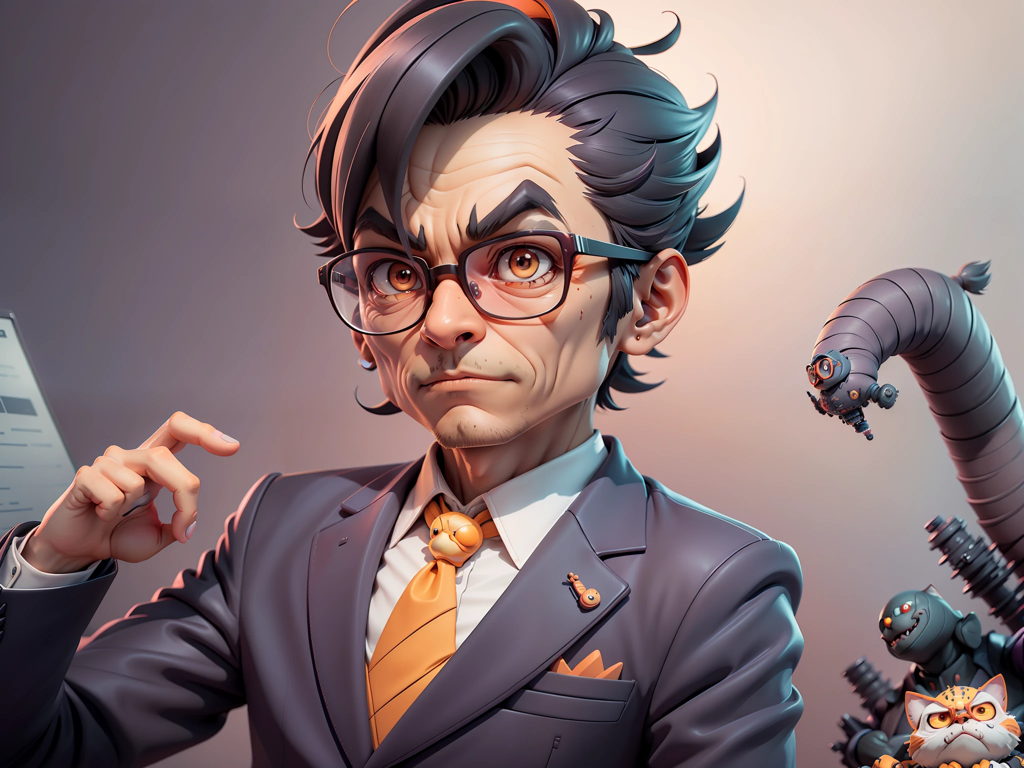 A young man in a suit, Short hair and glasses sat at his desk,holding laptop,digitial painting,tigre,3D character design by Mark Clairen and Pixar and Hayao Miyazaki and Akira Toriyama,4K HD illustration,Very detailed facial features and cartoon-style visuals。