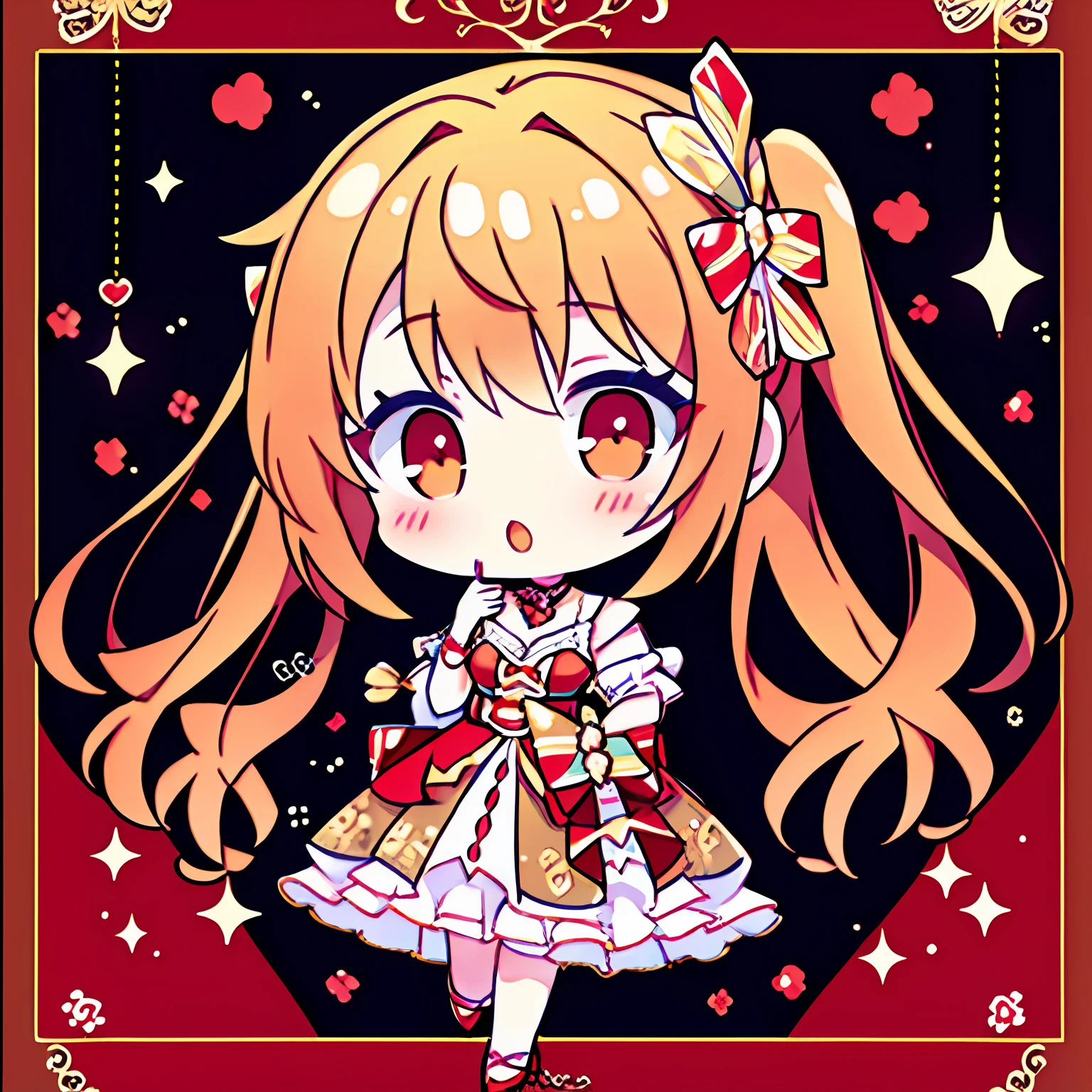 Chibi、(masterpiece)、(top-quality)、
makeup, red blush, 耳Nipple Ring, heart, high-heels, 1girl in, florals, the bow,