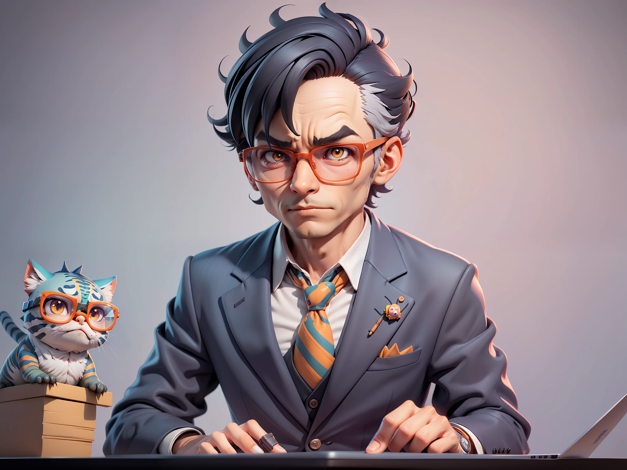 A young man in a suit, Short hair and glasses sat at his desk，holding laptop，digitial painting，tigre，3D character design by Mark Clairen and Pixar and Hayao Miyazaki and Akira Toriyama，4K HD illustration，Very detailed facial features and cartoon-style visuals。