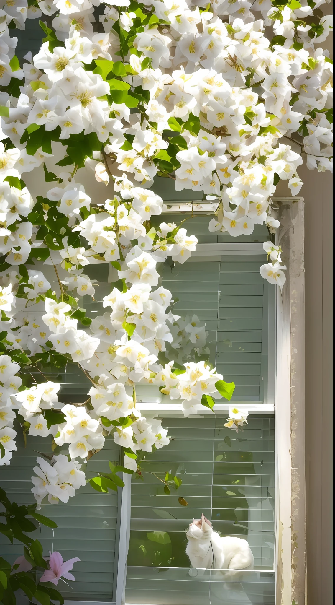 There was a cat sitting on a windowsill under a tree, nature and floral aesthetics, Beautiful window photos, beautiful aesthetic, white blossoms, White flowers, huge flower, Clematis is like stars in the sky, clematis theme banner, flowering vines, flowers blooming, blossoming, Beautiful composition, Beautiful and aesthetic, jasmine, Blooming flowers, blossoms