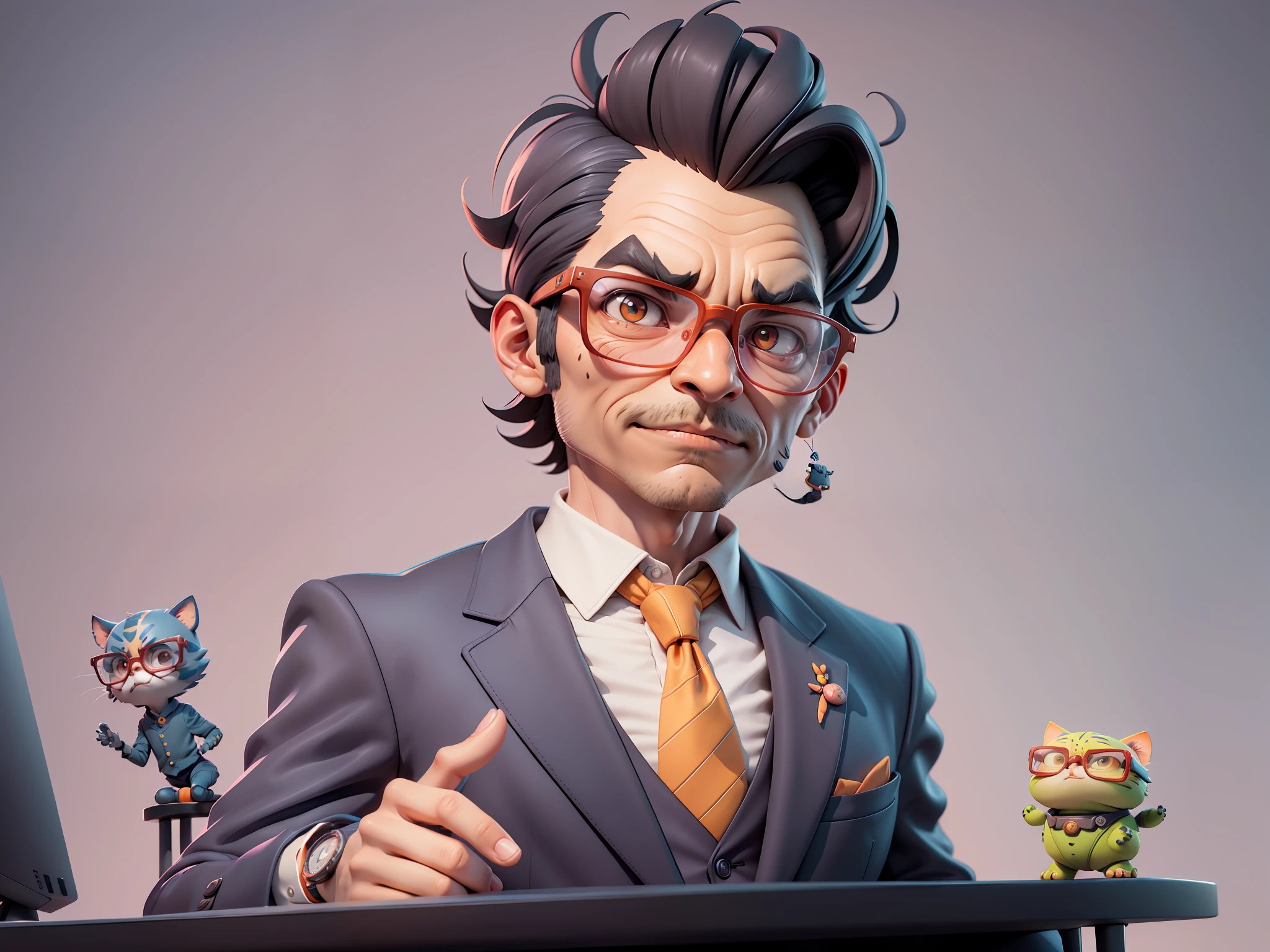 A young man in a suit, Short hair and glasses sat at his desk,holding laptop,digitial painting,tigre,3D character design by Mark Clairen and Pixar and Hayao Miyazaki and Akira Toriyama,4K HD illustration,Very detailed facial features and cartoon-style visuals。