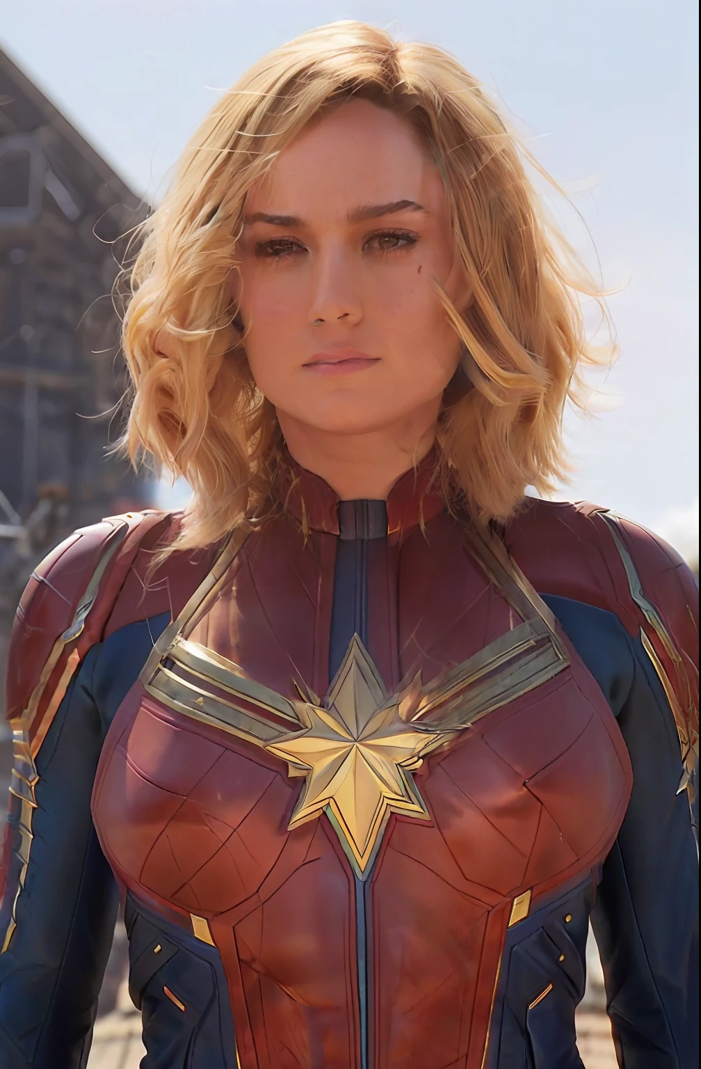 brie larson, medium hair, full body portrait, wearing captain marvel outfit, sexy, cleavage, breasts showing