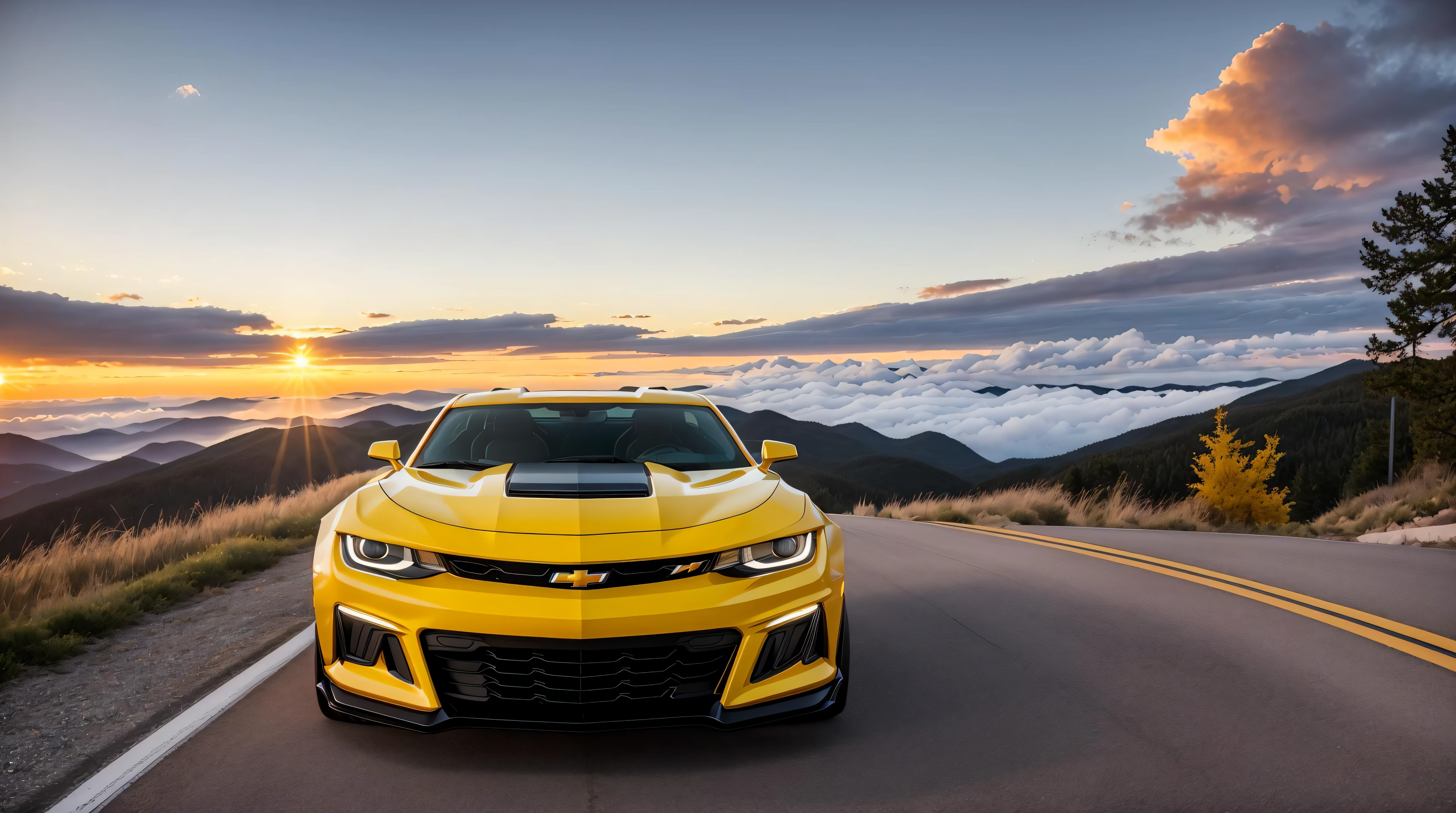 perfect masterpiece photo, very dynamic close shot of CAR:[Chevrolet Camaro ZL1]:1.5  [A car driving down a winding road that is suspended in mid-air, surrounded by clouds.] in place of A bustling downtown street with tall buildings and busy traffic in the moment of Afternoon: The heat of the day begins to dissipate as the sun starts to descend in the sky. The world seems to slow down a bit, with people taking a break to rest or enjoy the outdoors. The air is still and quiet, with a sense of peace settling over the world. cinematic lighting of A soft, warm light shining on a bedroom from a bedside lamp., 8K, HQ, Highly detailed, ultra realistic, hyper-realistic with dominance of Mustard: A warm, golden yellow color that is both cozy and inviting. photo is made with Tamron 17-28mm f/2.8 Di III RXD - wide-angle zoom lens for landscape and architecture photography by greg rutkowski,  strange, intricate, showing details, sharpen image