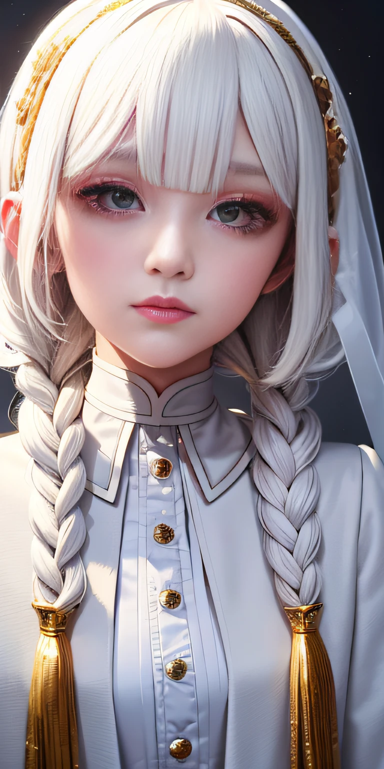best quality, masterpiece,white hair, gold eyes,white clothes, looking up, upper body,hair strand,Fair skin,side braids