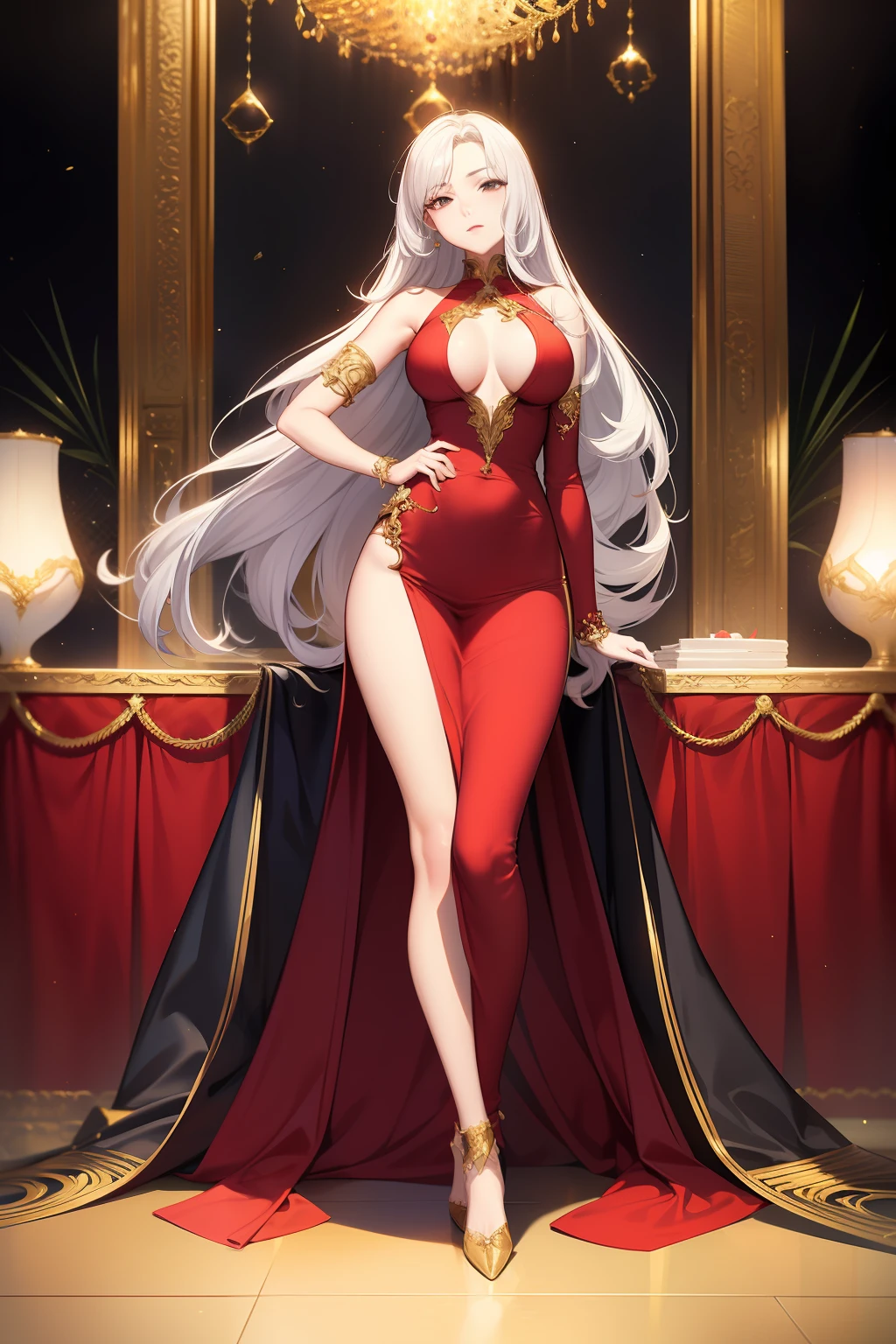 The background is the Golden Palace，Master anime works，An impeccable masterpiece，A mature noblewoman in a cool and sexy outfit stands against a plain white background，Female boss，Flowing silver hair，Full-body standing，Slender legs，Straight breasts，Detailed facial details，Naturally beautiful standing，Vivid and authentic body details