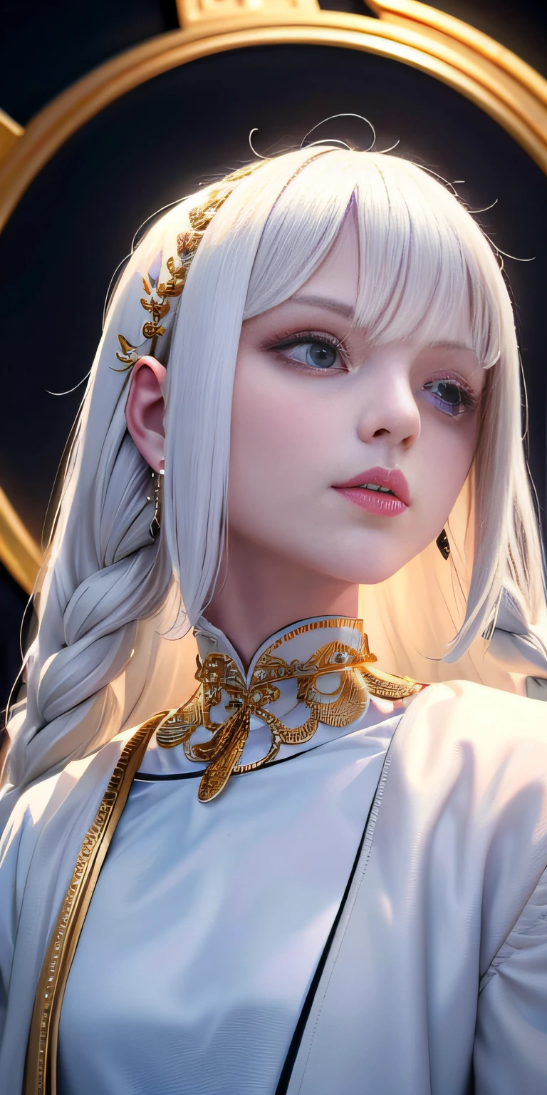 best quality, masterpiece,white hair, gold eyes,white clothes, looking up, upper body,hair strand,Fair skin,side braids