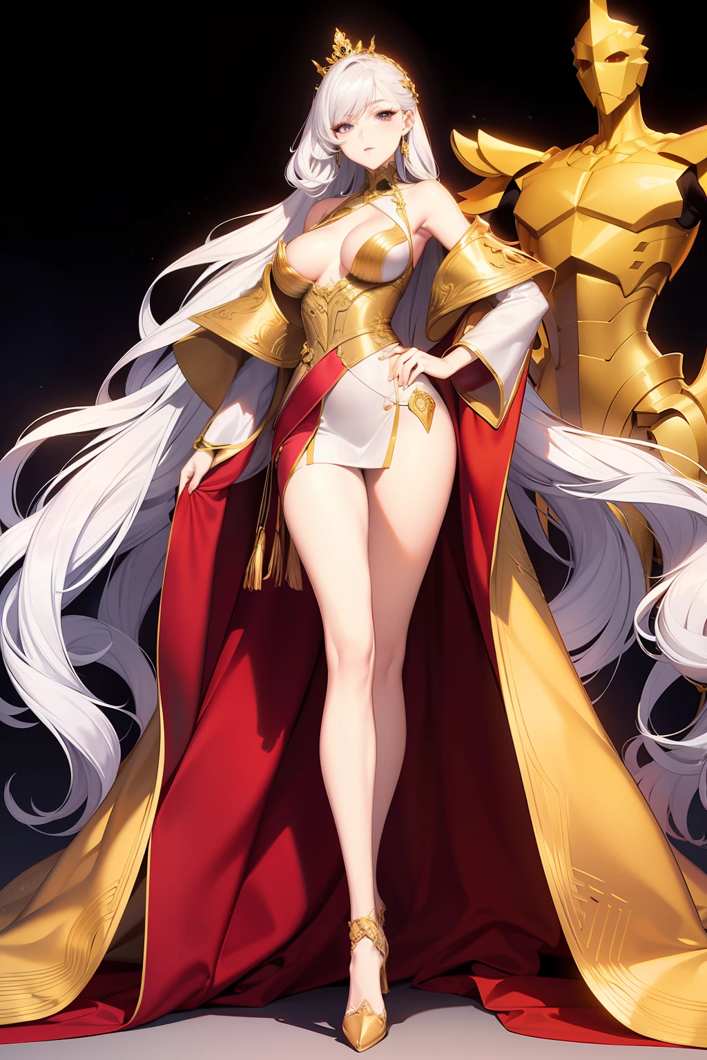 The background is the Golden Palace,Master anime works,An impeccable masterpiece,A mature noblewoman in a cool and sexy outfit stands against a plain white background,Female boss,Flowing silver hair,Full-body standing,Slender legs,Straight breasts,Detailed facial details,Naturally beautiful standing,Vivid and authentic body details