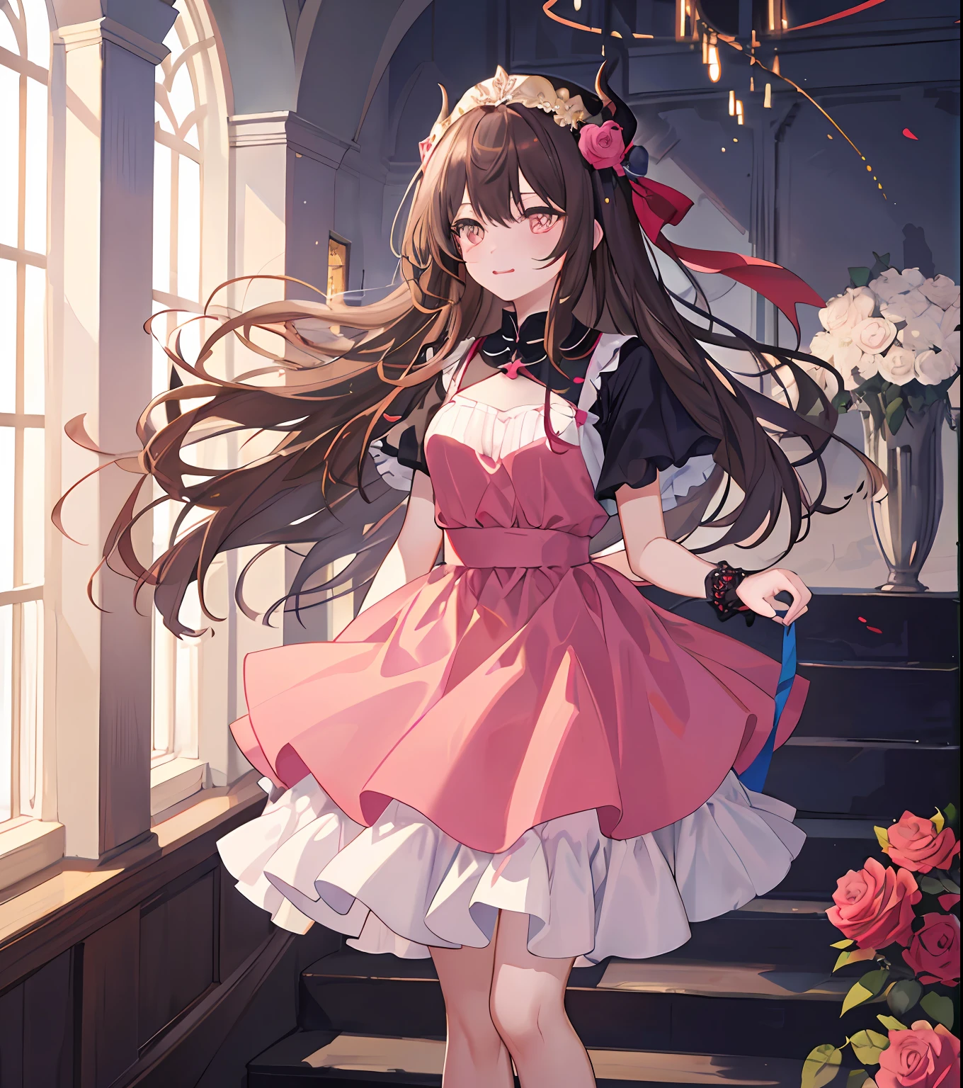 Masterpiece quality,The best quality assurance。A brown hair、Cute girl with golden eyes。Tsundere,Wear a short skirt,Exudes magic,With a rose headdress,Pink gradient dress,Long hair flutters in the wind,Naughty,adolable,devil horns,In the daytime,divino,white church
