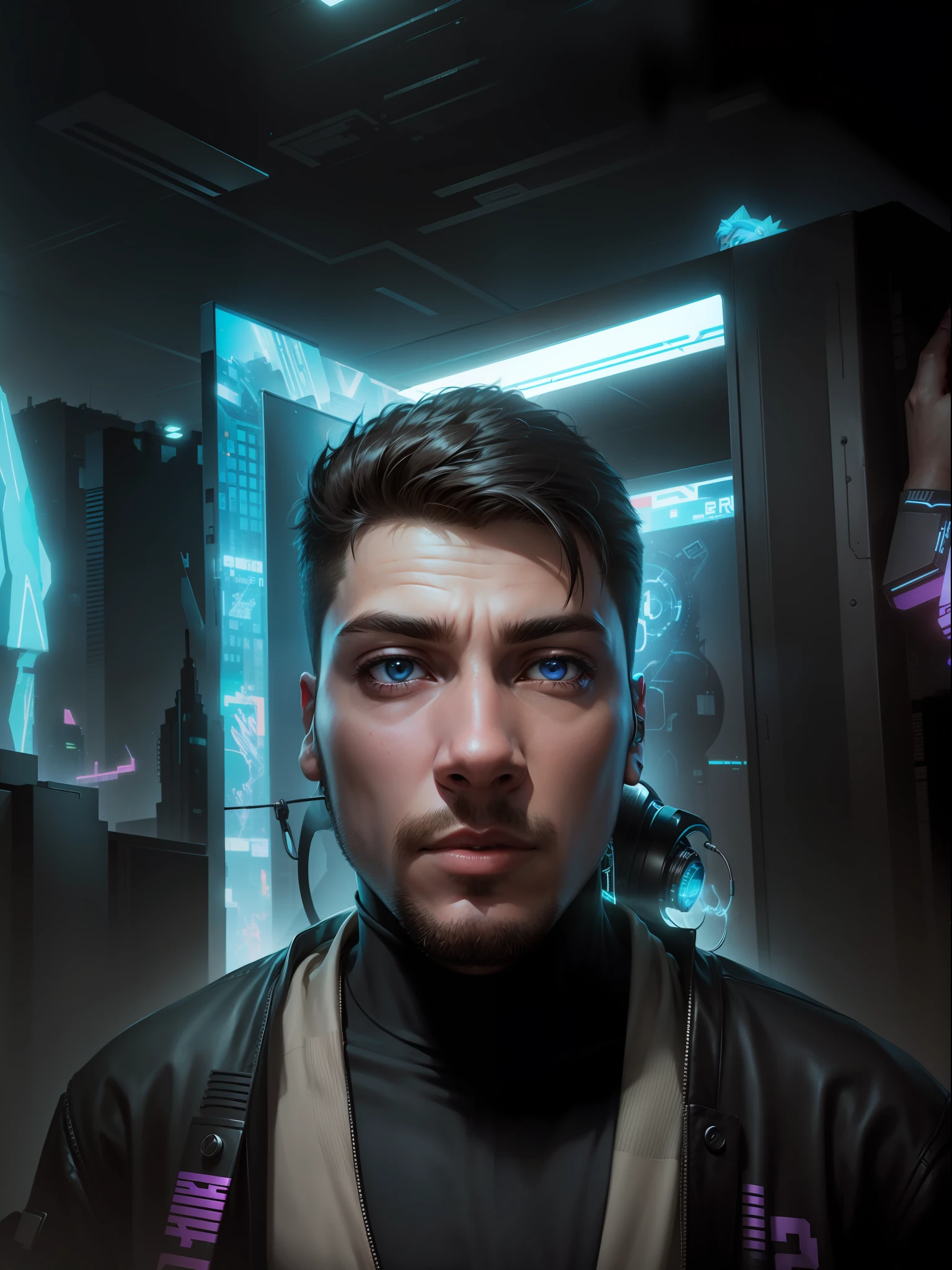 Hyper realistic boy. Change background. Cyberpunk