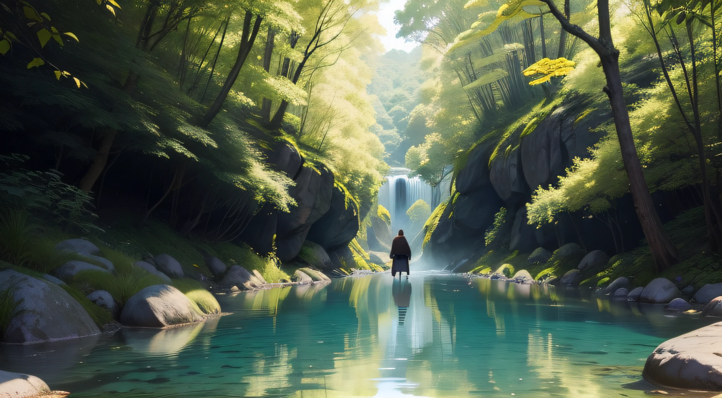 Imagine um samurai, standing with her back to us, em uma paisagem serena e relaxante. Ele segura firmemente sua catana, symbol of his dexterity and courage. Around you, yellowish leaves dance softly in the air, criando uma cena de outono encantadora. Ao fundo, A stream meanders with calm and crystal clear waters, conveying a sense of peace and tranquility. Nesse ambiente harmonioso, o samurai reflete sobre seus caminhos, buscando a sabedoria ancestral para enfrentar os desafios com serenidade. The image captures the essence of inner balance, where strength and calm merge to create a complete and inspiring warrior.