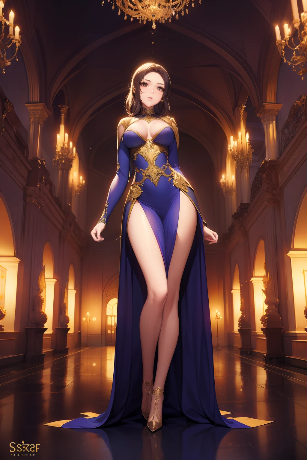 Masterpiece,A beautiful and sexy anime urban woman,Standing in the palace under the night sky in transparent clothes,Full-body standing,Detailed body part details,natural tpose,Face details,Professional cinematic lighting and shadow,busty figure,sportrait,中景 the scene is