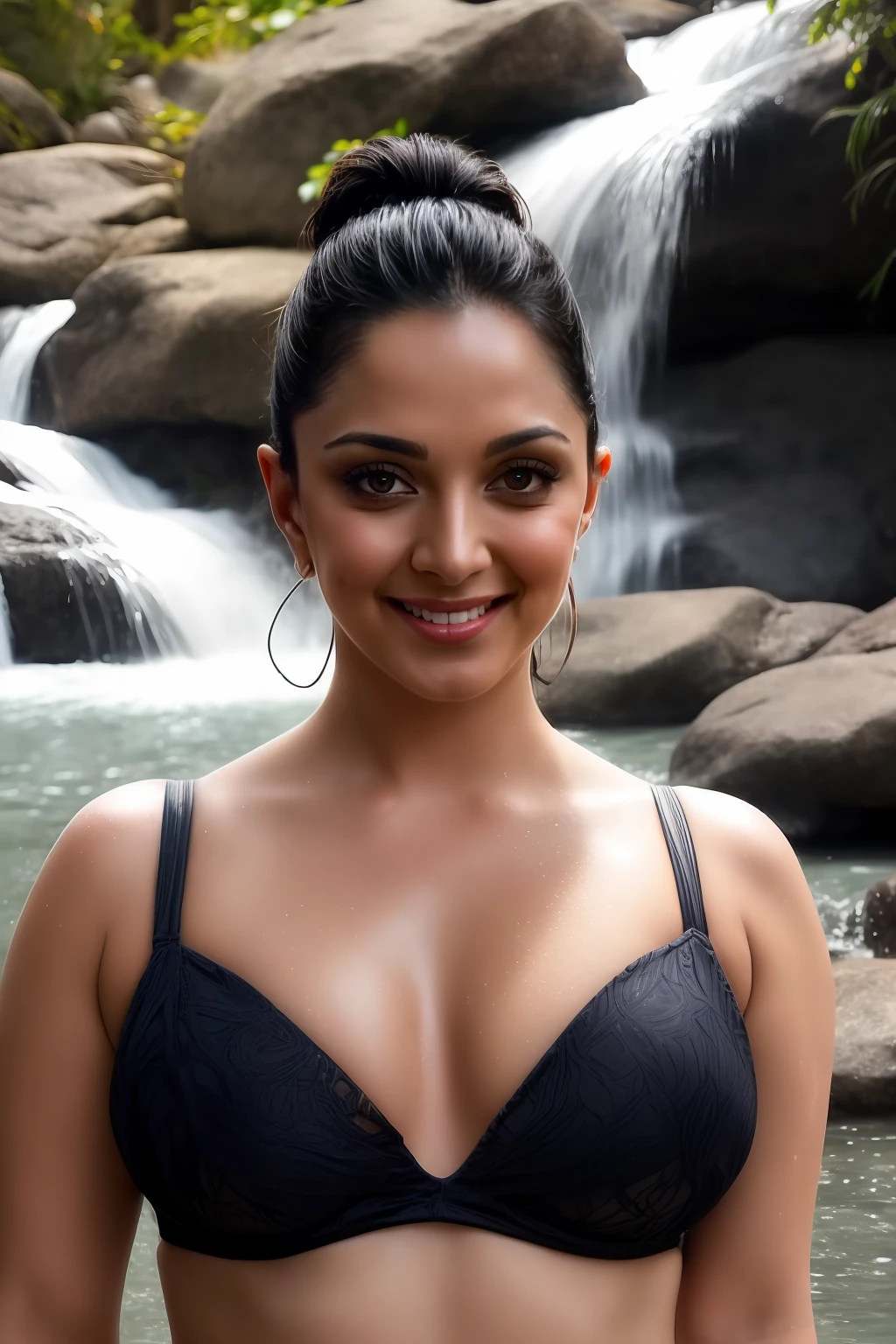 Nsfw, day scene, close up photo of latina, large breasts, bathing near waterfall, seductive face, look at viewer and smile, black ponytail hair, (blue eyes:0.8), erotic adult face, 30 yo, soft volumetric lights, (backlit:1.3), (cinematic:1.3), intricate details, (ArtStation:1.2)