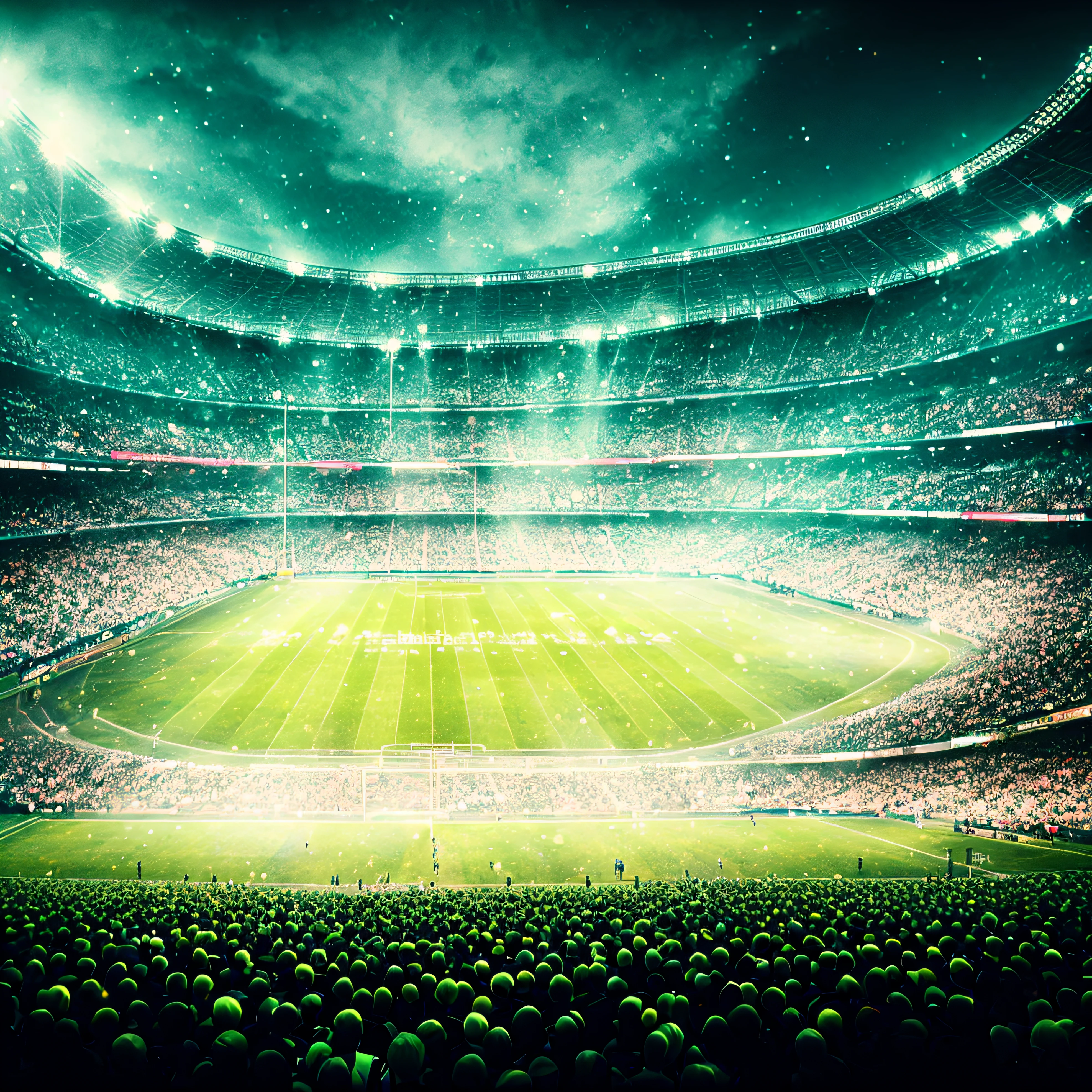Ararfed view of a football stadium with a green field and floodlights, football stadium, epic stunning atmosphere, stadium, atmosfera deslumbrante, dramatic stadium lighting, Arena esportiva futurista, stadium landscape, beautiful high resolution, O melhor no Adobe Stock, Shutterstock, amazing background, atmosfera deslumbrante, bela atmosfera, paper awesome wallpaper, magical ambiance, stadium full of people, fantasia!!!