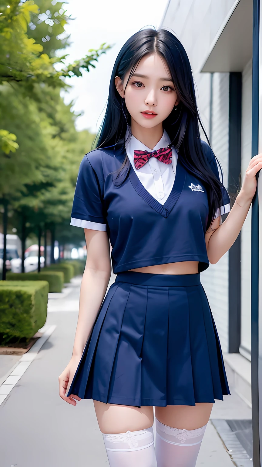 (best qualtiy,4K,tmasterpiece:1.2),Pretty women,1girll,Raised sexy:1.1,dark-blue hair:1.1,Woman in school uniform,Soaked school clothes,Super detailed face,Detailed lips,A detailed eye,二重まぶた,Blue mini skirt white stockings,Stand up