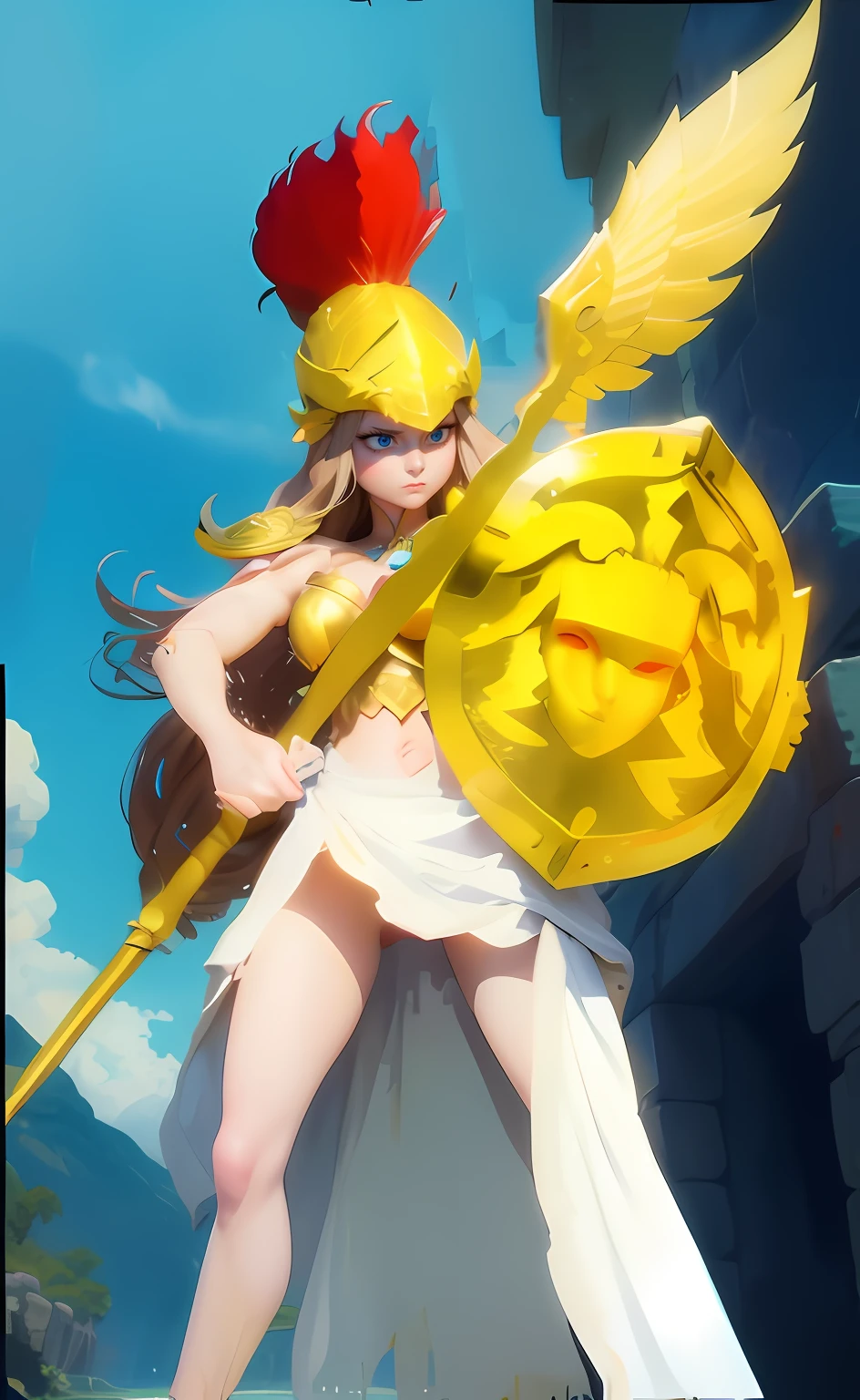 Close up of cartoon character holding shield and spear, Very big blue eyes、Hanging eyes、glares、Strong will、Beautie、(((((Bare legged、bare-legged)))))、naked legs、Clean Shank、Clean knees、Clean calves、Golden helmet with red feather decoration、Golden Breasted Armor、Gold shoulder rest、Right hand holding a large golden spear with the tip of the spear diagonally up、Octagonal shield、Gold shield with relief of Medusa with red eyes、white Pareo、brown colored long hair、 3D Goddess Minerva, God Athena, the goddess hera looking angry, golden goddess athena, venus godness athena,