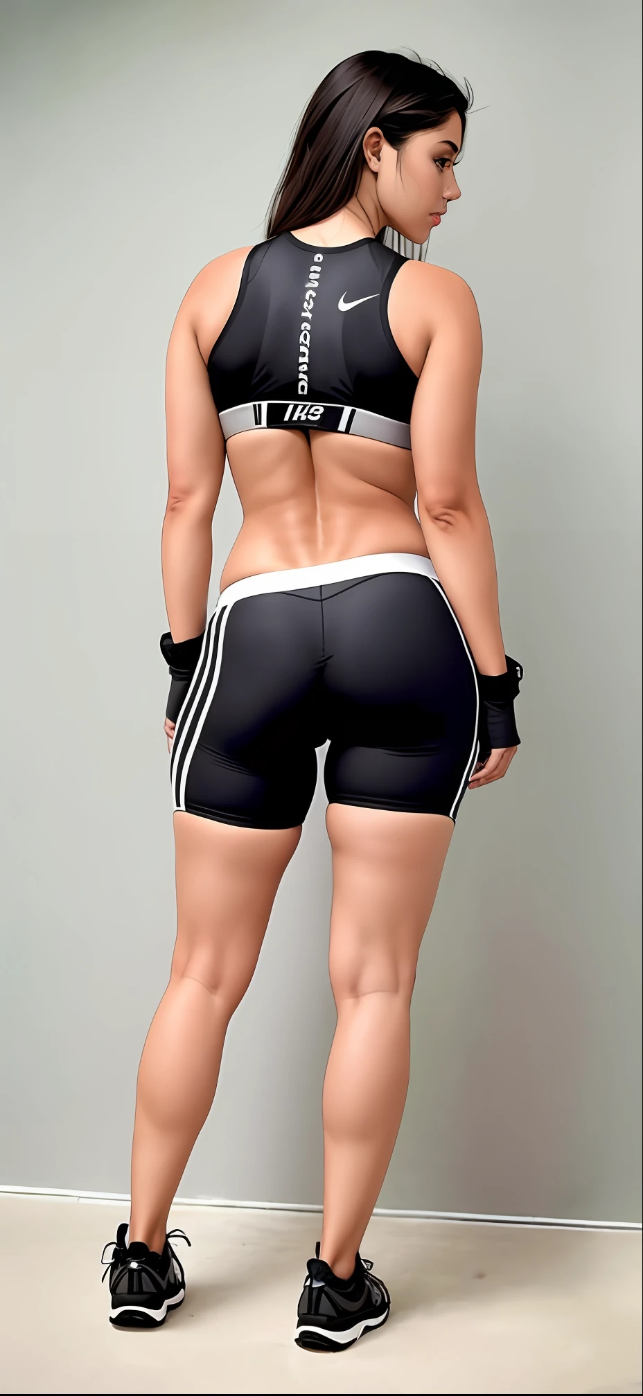 A woman in a black and gray cycling suit standing with her hands on her hips, Fato de ciclismo Nike discreto, manga, voltar - ver, Tiro frontal, corpo baleado, Awesome, curvy accentuated booty, big booty, Back from Toned, Awesome, Cemtura - Tiroteio, Costas - Pneu, Back view, ternos apertados, vista frontal, Tiro frontal, Arremesso longo, tiro pelas costas, tiro traseiro centralizado de corpo emteiro, raw.