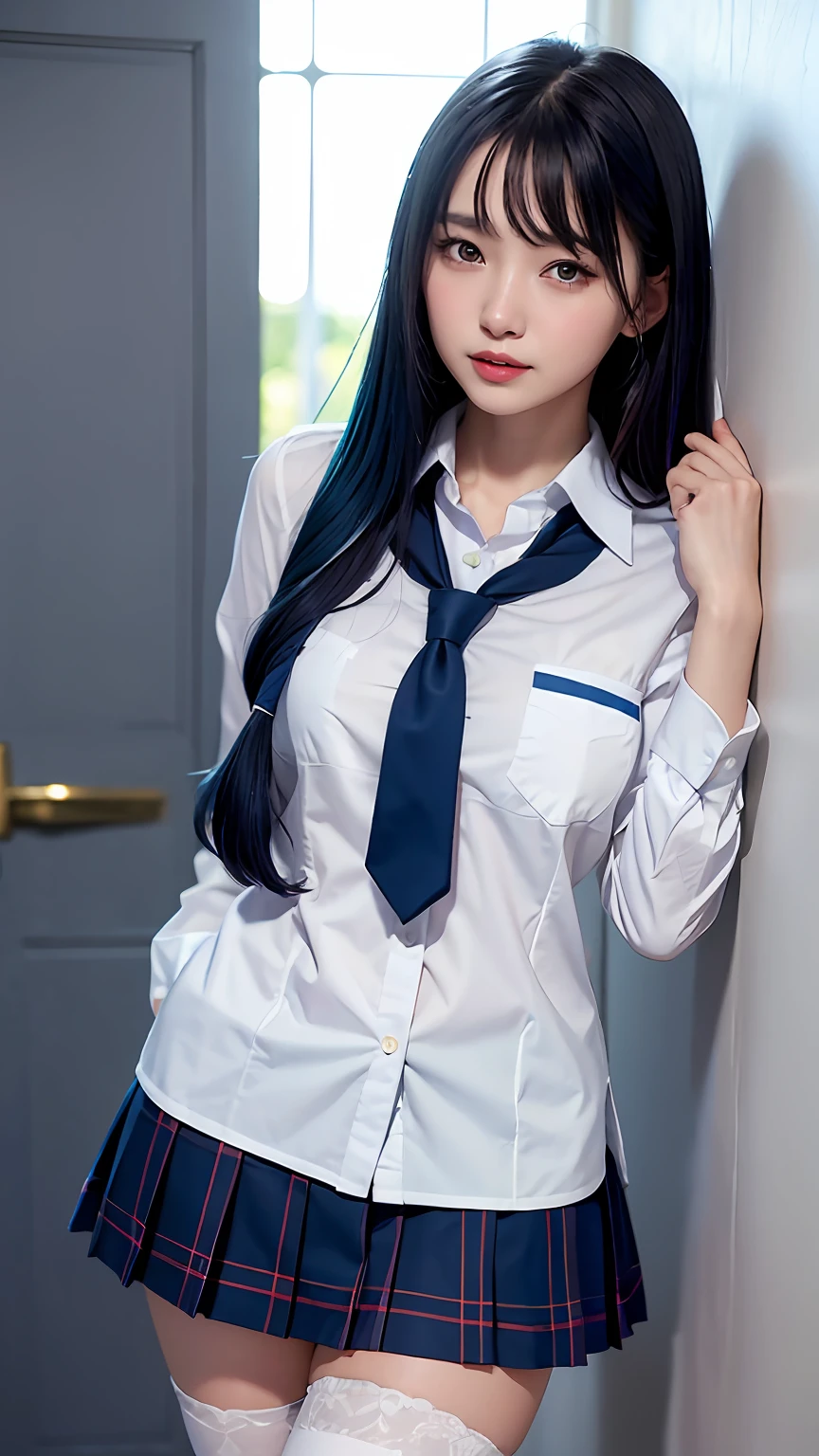(best qualtiy,4K,tmasterpiece:1.2),Pretty women,1girll,Raised sexy:1.1,dark-blue hair:1.1,Woman in school uniform,Soaked school clothes,Super detailed face,Detailed lips,A detailed eye,二重まぶた,Blue mini skirt white stockings,Stand up