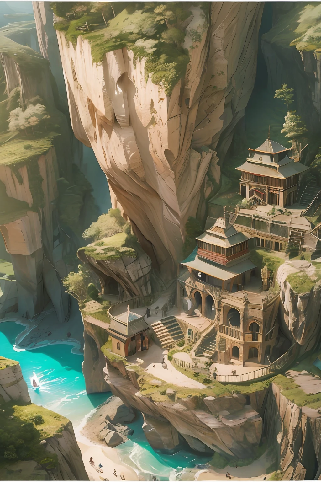 tmasterpiece，best qualtiy，（Very detailed CG unity 8K wallpaper）（best qualtiy），（Most Best Illustration），（Best shadow）Nature'，Blue sea，Lonely towering stone island，Very steep island cliffs，Cave monastery hidden in the cliffs，Big cave，The shaman's residence，Super detailed architectural details，A hollowed-out cliff，Lots of caves，and the sun was shining brightly
