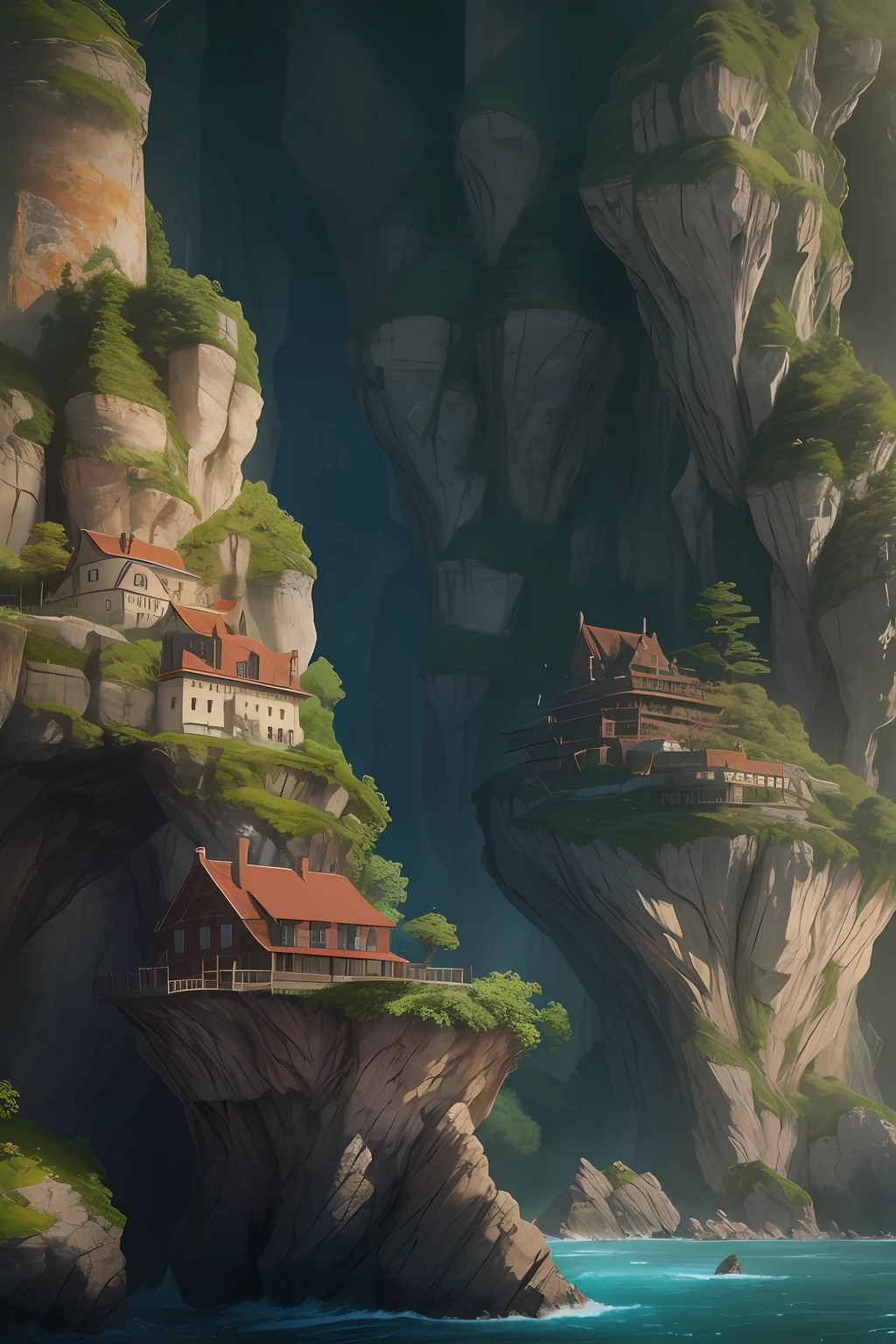 tmasterpiece,best qualtiy,(Very detailed CG unity 8K wallpaper)(best qualtiy),(Most Best Illustration),(Best shadow)Nature',Blue sea,Lonely towering stone island,Very steep island cliffs,Cave monastery hidden in the cliffs,Big cave,The shaman's residence,Super detailed architectural details,A hollowed-out cliff,Lots of caves,and the sun was shining brightly