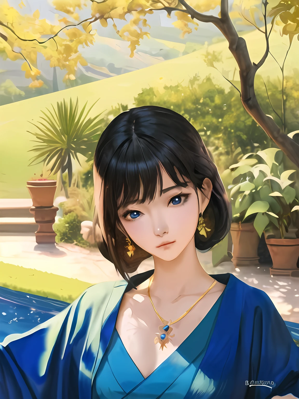 anime girl in blue dress by a pool with a tree, artwork in the style of guweiz, beautiful character painting, guweiz, anime style. 8k, smooth anime cg art, digital anime illustration, made with anime painter studio, beautiful anime portrait, realistic anime 3 d style, anime style 4 k, palace ， a girl in hanfu