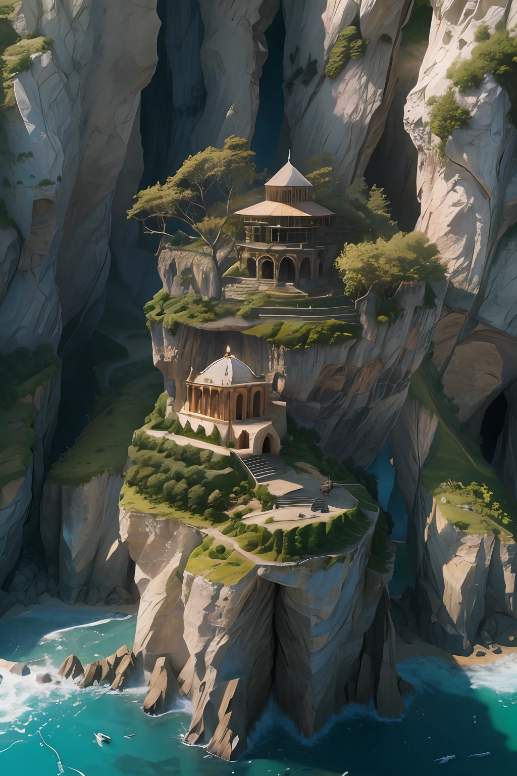 tmasterpiece，best qualtiy，（Very detailed CG unity 8K wallpaper）（best qualtiy），（Most Best Illustration），（Best shadow）Nature'，Blue sea，Lonely towering stone island，Very steep island cliffs，The Magician's Tower on the cliff，Cave monastery hidden under a cliff，Big cave，Super detailed architectural details，A hollowed-out cliff，Lots of caves，and the sun was shining brightly