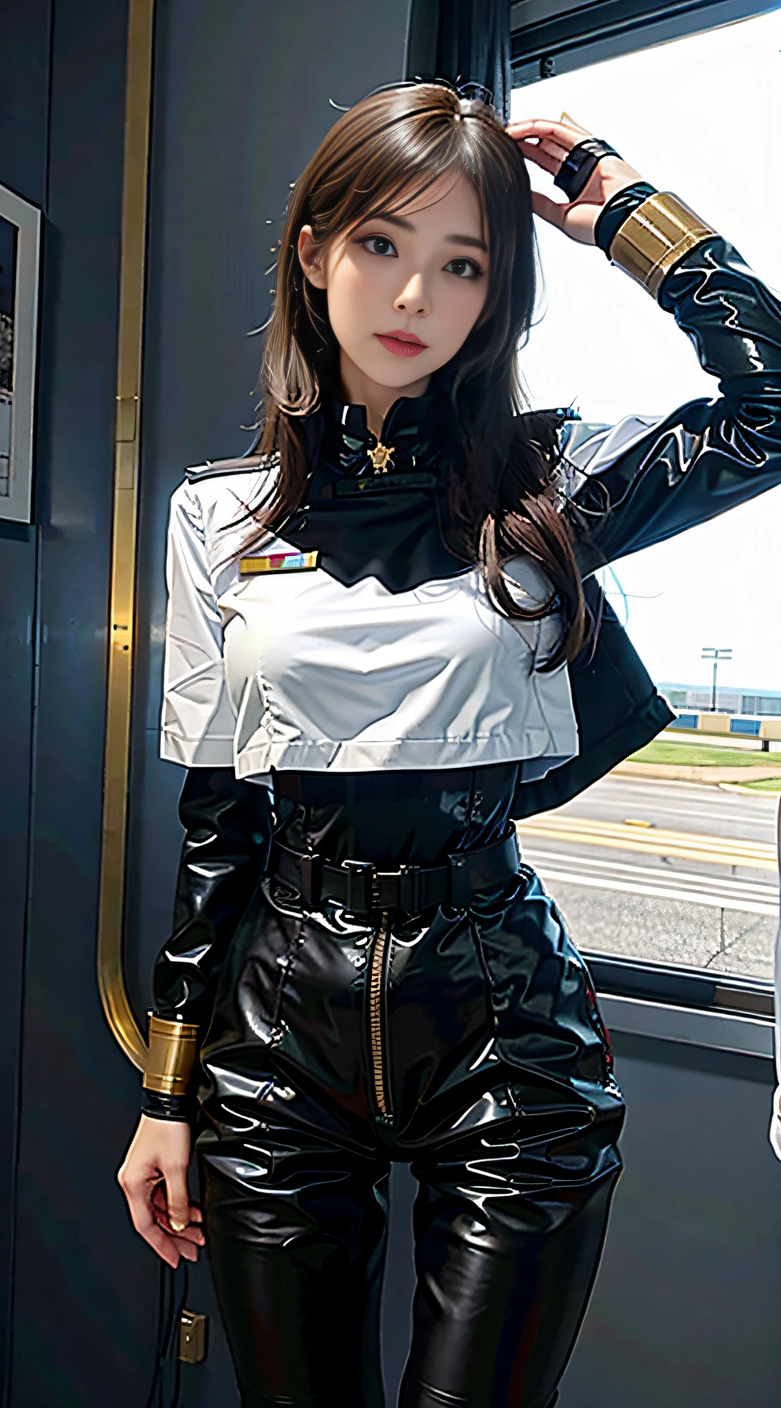 Arad woman standing in front of airplane in military uniform, inspired by portrait of Jill Elfgren, tumblr, fantastic realism, girl with warship parts, pilot costume, perfect military composure, in full military uniform, cute pilot girl, pilot girl, in military uniform, military girl, charming and seductive, 70s jet fighter pilot girl, korean female fashion model, good hips and long legs