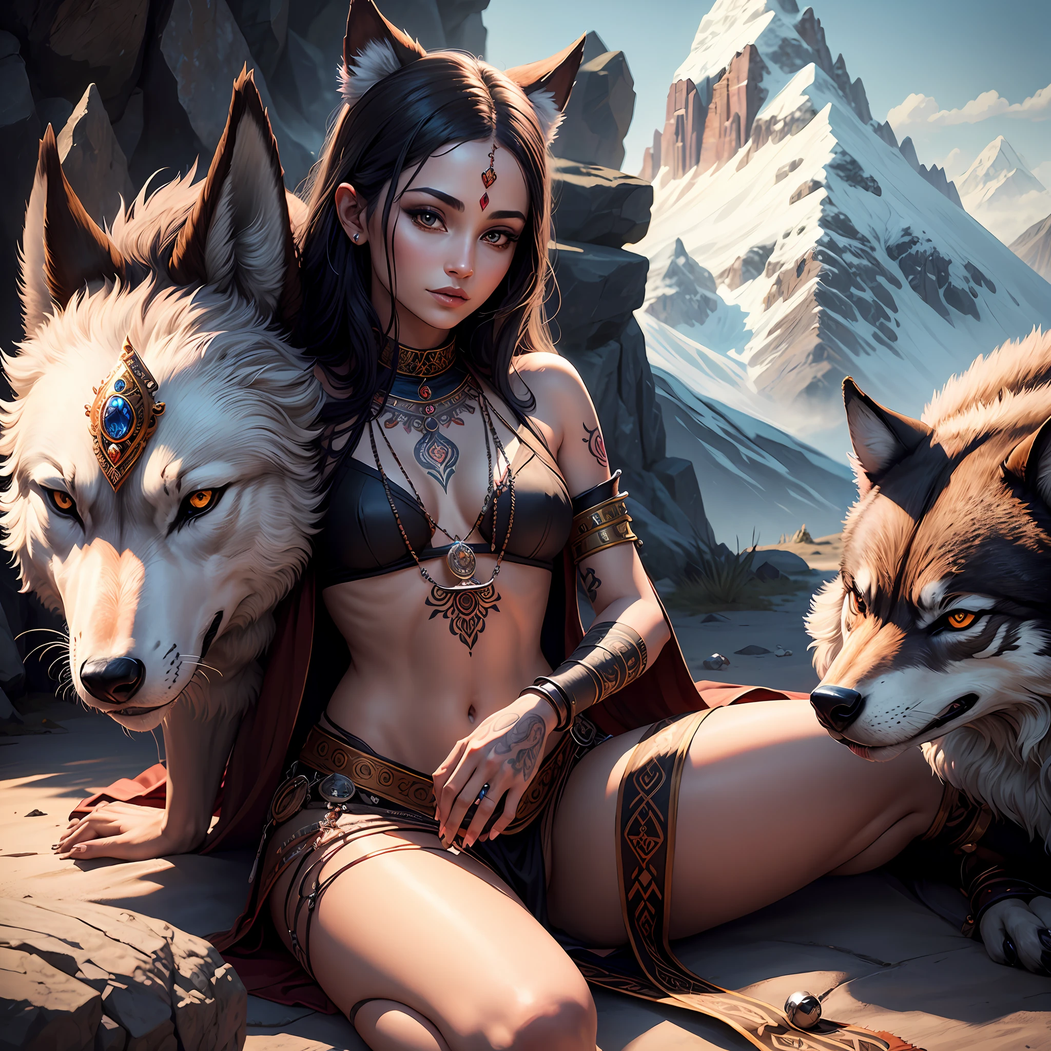 Young tantric priestess with tattoos and percings next to a wolf on an ultra-detailed photorealistic mountain --auto