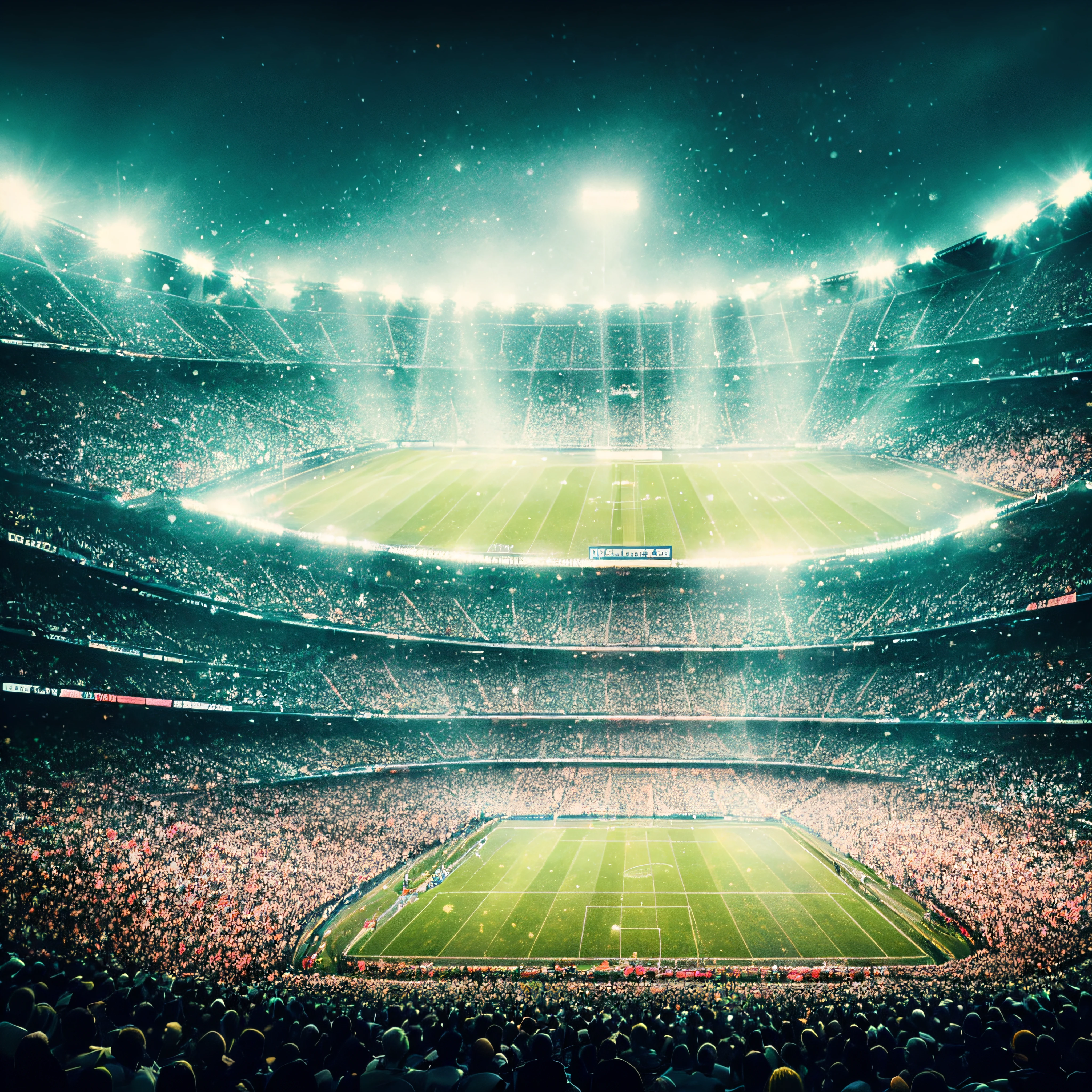 Ararfed view of a football stadium with a green field and floodlights, football stadium, epic stunning atmosphere, stadium, atmosfera deslumbrante, dramatic stadium lighting, Arena esportiva futurista, stadium landscape, beautiful high resolution, O melhor no Adobe Stock, Shutterstock, amazing background, atmosfera deslumbrante, bela atmosfera, paper awesome wallpaper, magical ambiance, stadium full of people, fantasia!!!