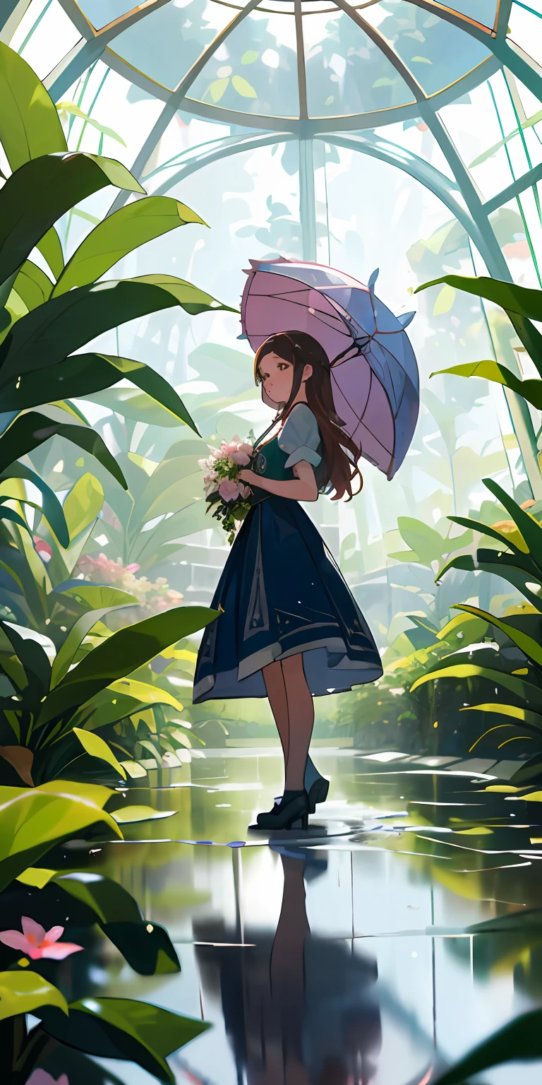 (qualidade superior, obra-prima, ultrarrealista), 1garota de vestido, dia chuvoso, chuva, wet floor, puddle, Indoor Botanical Garden, Dome, muitas flores, plantas de massa densa, The background landscape is a garden with petals and puffs flying around. --v6