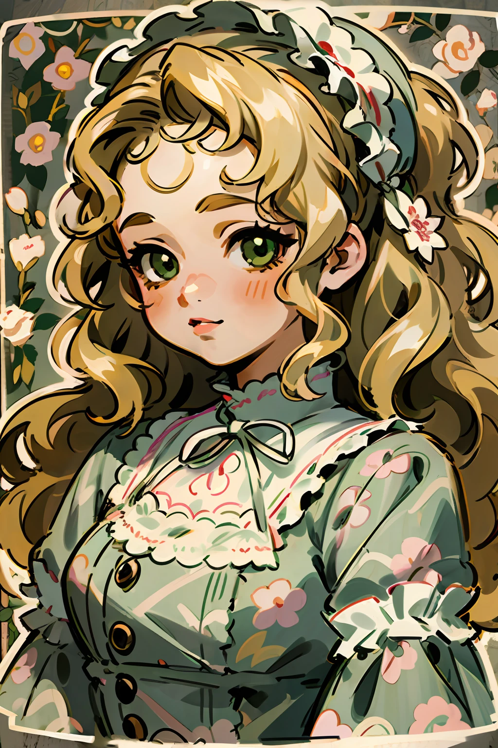 1girl, loli, Green eyes, blonde hair, forehead, (Wavy Hair), Long hair, headband, pearls, beige dress, ((Lolita Dress)), ((floral pattern)), tapes, Bows, frilld, White roses, ((thick outlines)), ((white outlines)), (Sketch)