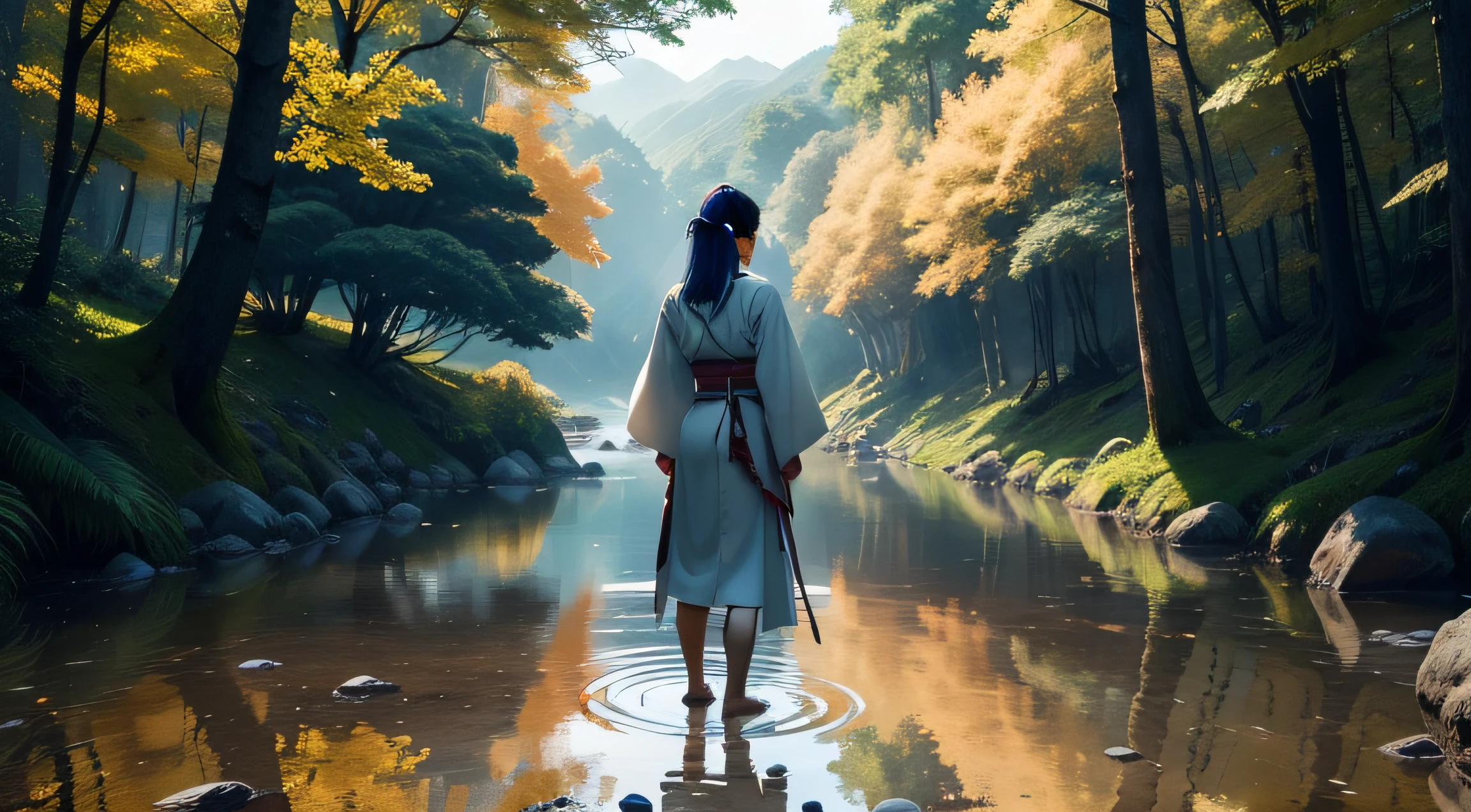 Imagine um samurai, standing with her back to us, em uma paisagem serena e relaxante. Ele segura firmemente sua catana, symbol of his dexterity and courage. Around you, yellowish leaves dance softly in the air, criando uma cena de outono encantadora. Ao fundo, A stream meanders with calm and crystal clear waters, conveying a sense of peace and tranquility. Nesse ambiente harmonioso, o samurai reflete sobre seus caminhos, buscando a sabedoria ancestral para enfrentar os desafios com serenidade. The image captures the essence of inner balance, where strength and calm merge to create a complete and inspiring warrior.