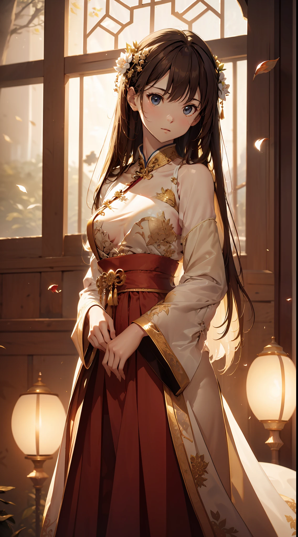 best quality, masterpiece, highres, (exquisite body:1.5),gorgeous face,(milky skin:1.3),intricate details,high resolution,wallpaper,
1girl, solo, dress, hair ornament, (((gold and red dress))), flowers, long hair, brown hair, closed mouth, jewelry, long sleeves, hand up, wide sleeves, big eyes,floating hair, chinese clothes, hanfu, embroidery, long skirt, natural pose, falling petals, indoor,fanning, lantern,
16K,HDR,highres,depth field,(film grain:1.1),boken,golden hour,(lens flare),vignette,rainbowing,(color grading:1.5)