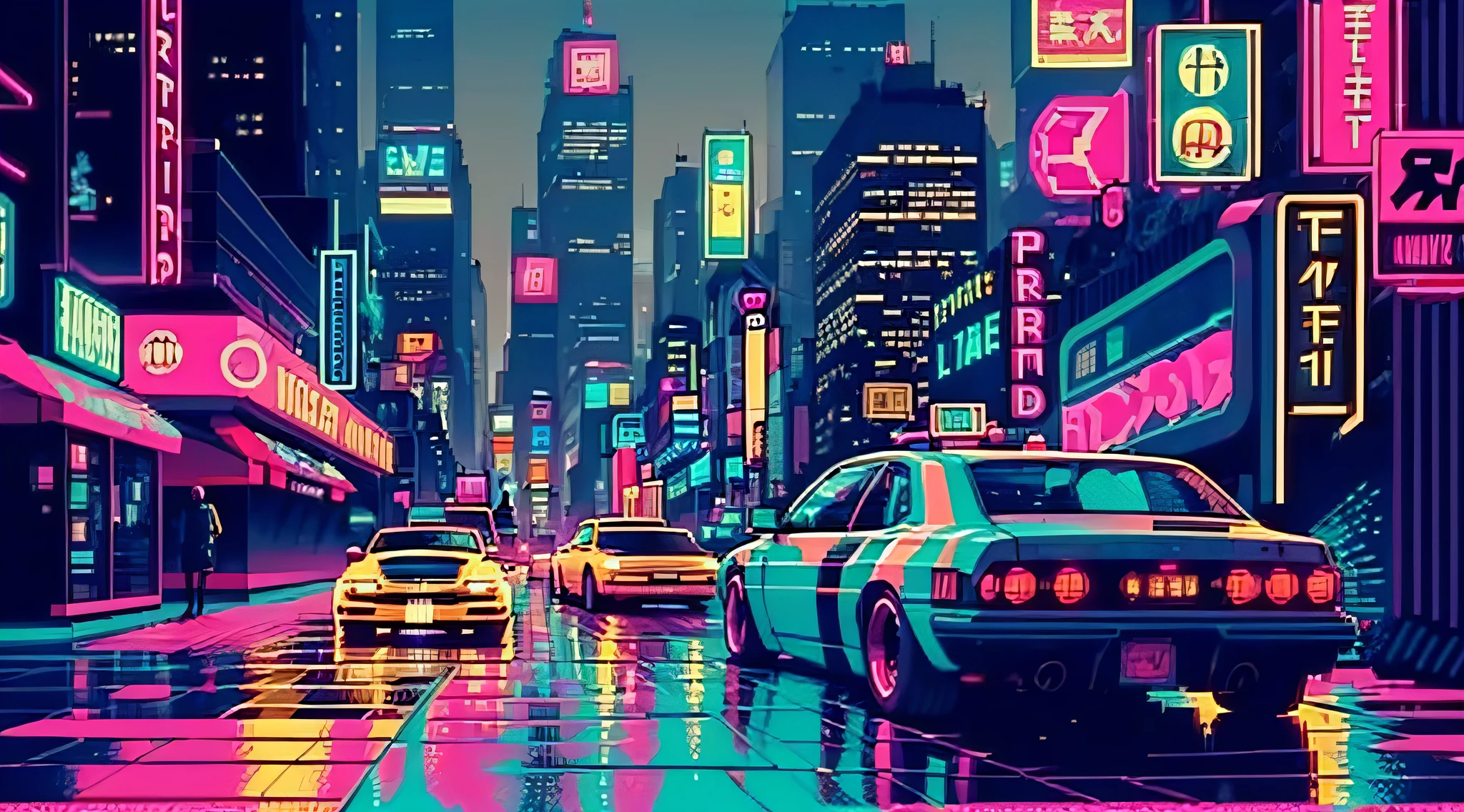 (efeito bokeh), (dinamic angle), ((obra-prima)), (streets of nova york), (zebracross), (chuva), (noite), cidade vazia, escuro, (neon), pixelart, ((pixelado)), cyberpunk, (retro)