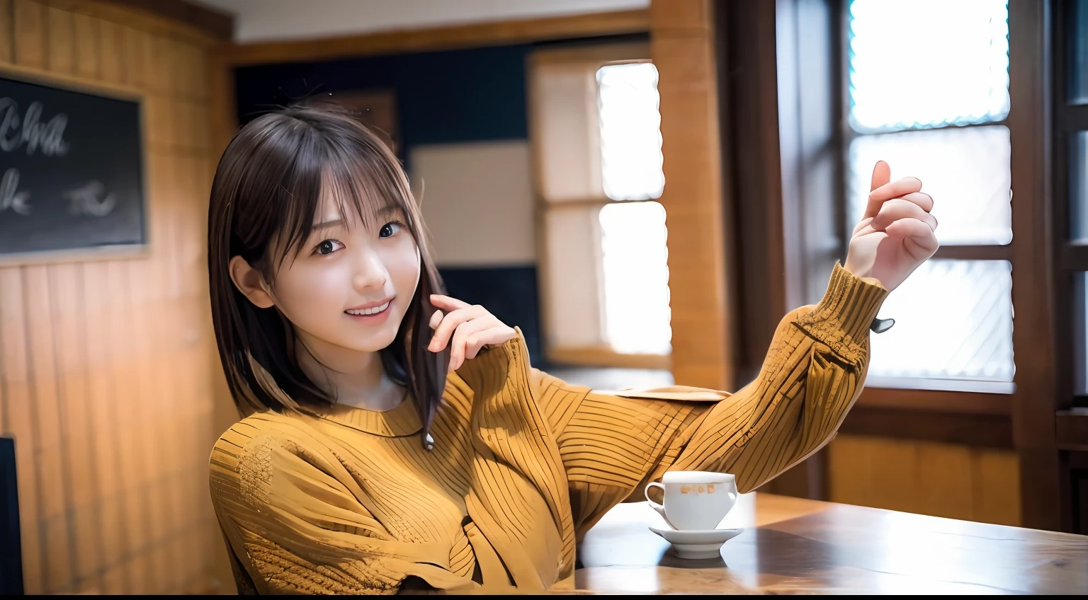 Best Quality ,masutepiece,超A high resolution,(photographrealistic:1.4), 1 girl, Looking at Viewer, Smile,Wear knitwear, 女優, very beautif,short-hair,Sporty,kawaii, Cinematic, 35mm lens, F/ 1. 8, Accent Lighting, 8K, In front of a fashionable café
