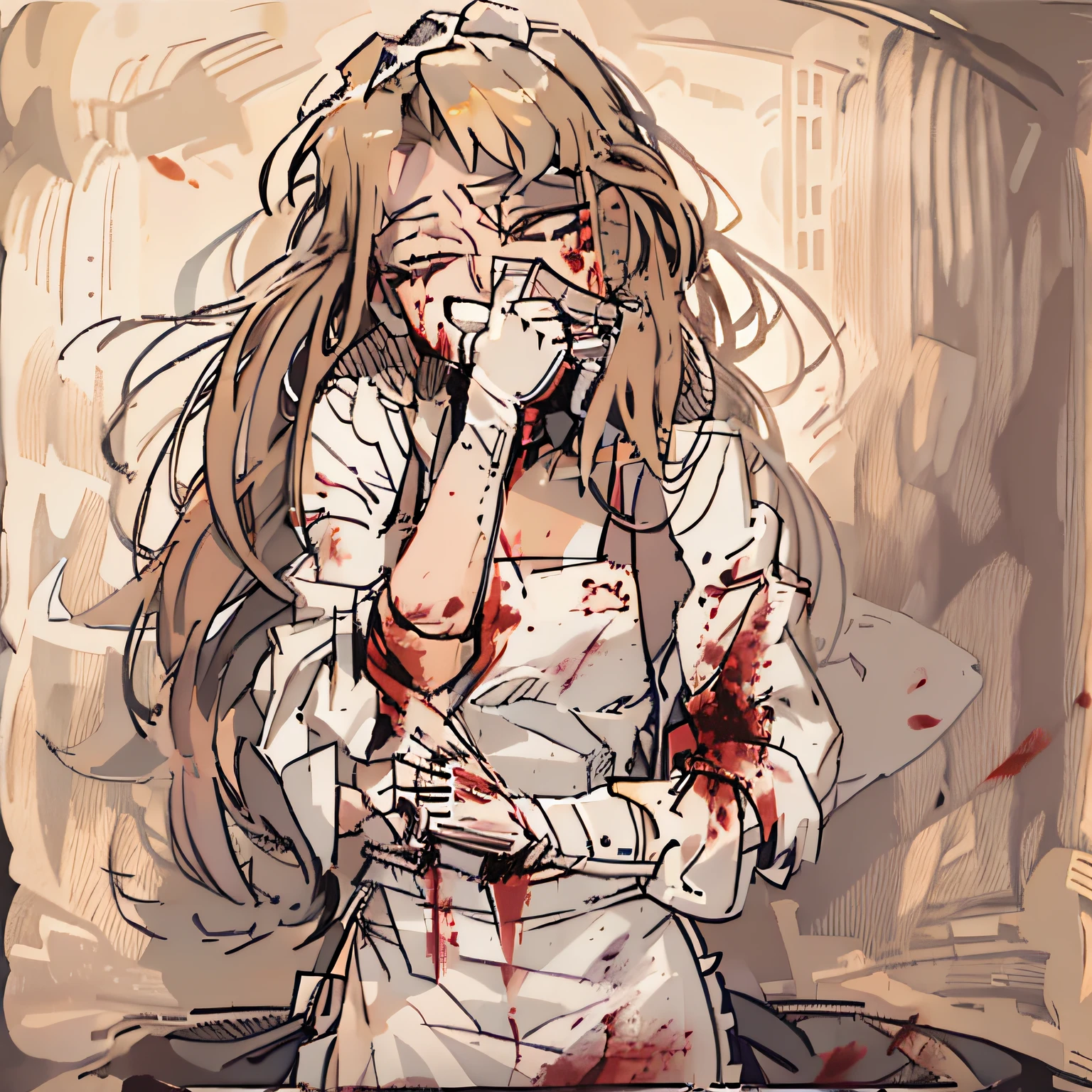 kitchens,woman,Loose hair,White apron,Take a large kitchen knife,facing to audience,ssmile,face with blood stains,Brown hair,long whitr hair,There was blood on the apron,Thin,White-colored skin,Open your arms to the audience,The body is facing the audience,self-expression,Keep one's mouth shut,gentleness,teardrop,weeping