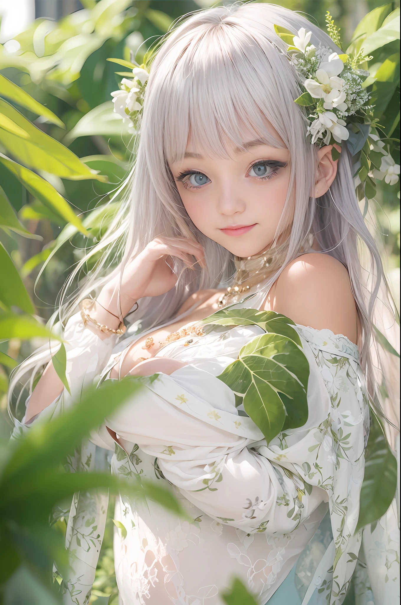 (8K)、(top-quality:1.2)、(reallistic)、(Photorealsitic:1.37)、ultra-detailliert、(the kiss)、1人、cute little、a smile、Long、green plant、beautiful eyes finely detailed、Beautiful Nose、full bodyesbian、large full breasts、dalcefo、femele、white hair、large full breasts、Big buttocks