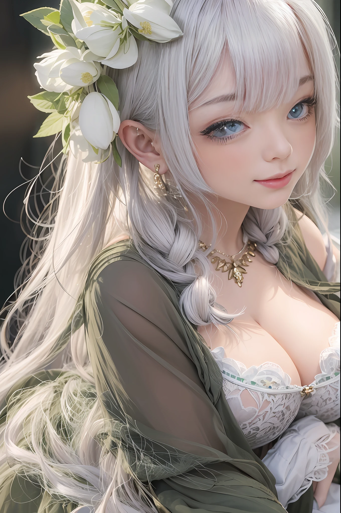 (8K)、(top-quality:1.2)、(reallistic)、(Photorealsitic:1.37)、ultra-detailliert、(the kiss)、***1人、cute little、a smile、Long、green plant、beautiful eyes finely detailed、Beautiful Nose、full bodyesbian、large full breasts、dalcefo、femele、white  hair、large full breasts、Big buttocks