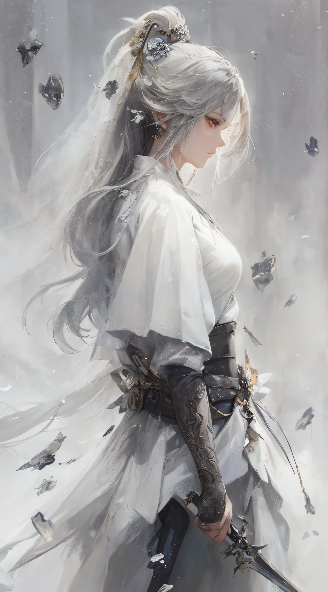 Close-up of a woman in a white dress holding a sword，a character portrait by Yang J，The popularity of CGsociety，Fantasyart，beautiful character painting，Guviz-style artwork，Guvitz，white hanfu，flowing white robe，full-body wuxia，epic exquisite  character art，stunning character art，beautiful female assassin，Different angles