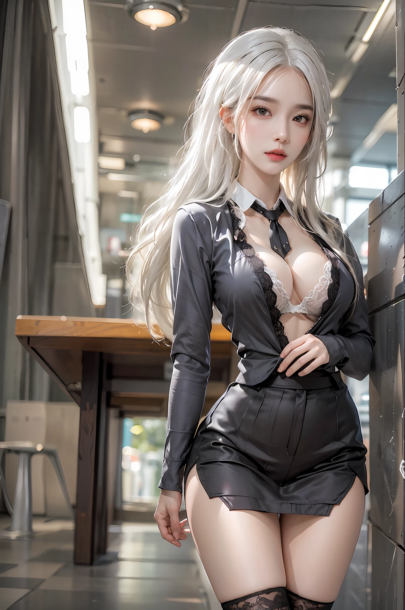 photorealistic, high resolution, 1 women, solo, hips up, look at viewer, (detailed face), white hair, long hair, secretary uniform, skirt, lace bra