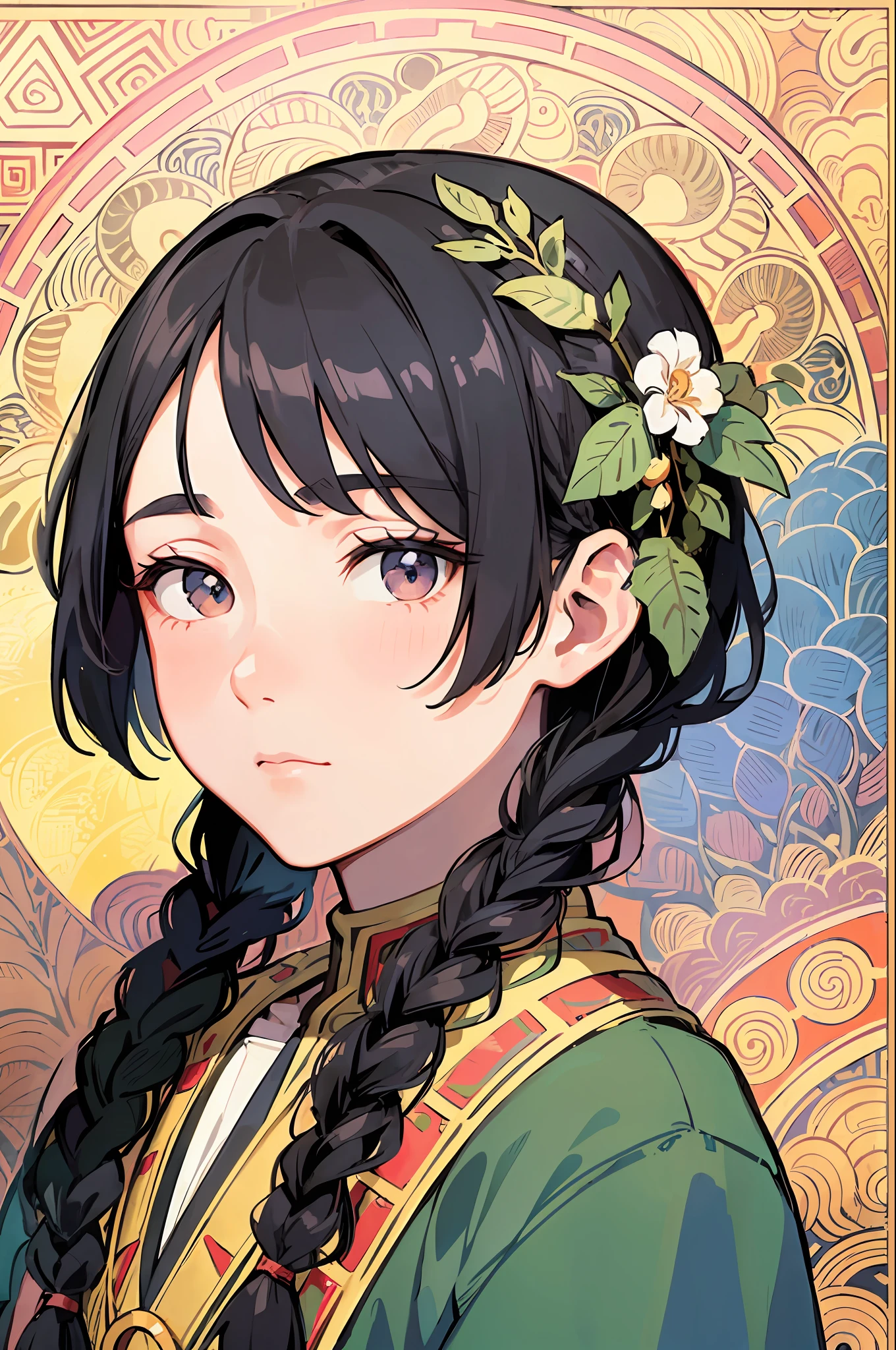 Portrait of Native American woman face、Braided hairstyle、A dark-haired、Bird frame、Decorative panel、abstract art、By Alphonse Mucha (masterpiece、top-quality、hight resolution: 1.4)、detaileds、intricate-detail、4K、color splashes、Line Art、Fibonacci、