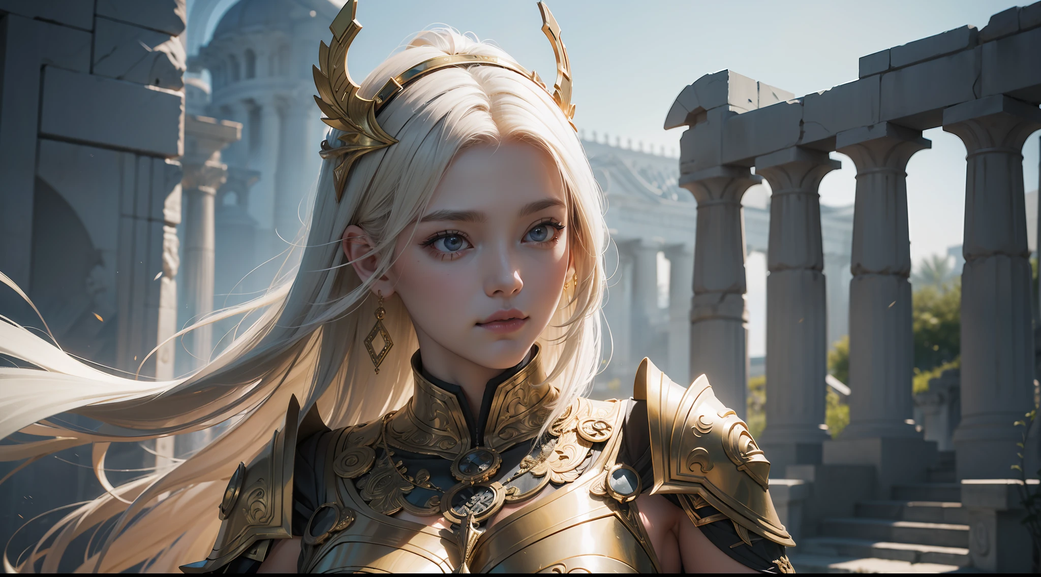 ((best qualtiy)), ((tmasterpiece)), (the detail:1.4),Greek temple,Goddess of War,Golden armor,Natural hair,Complex patterns,ornate decoration,photorealistic portrait,HDR(HighDynamicRange),Ray traching,NVIDIA RTX,Super-Resolution,Unreal 5,Subsurface scattering、PBR Texture、post-proces、Anisotropy Filtering、depth of fields、maximum definition and sharpness、Many-Layer Textures、Albedo e mapas Speculares、Surface Coloring、Accurate simulation of light-material interactions、perfectly proportions、Octane Render、Two-colored light、largeaperture、Low ISO、White balance、the rule of thirds、8K RAW、