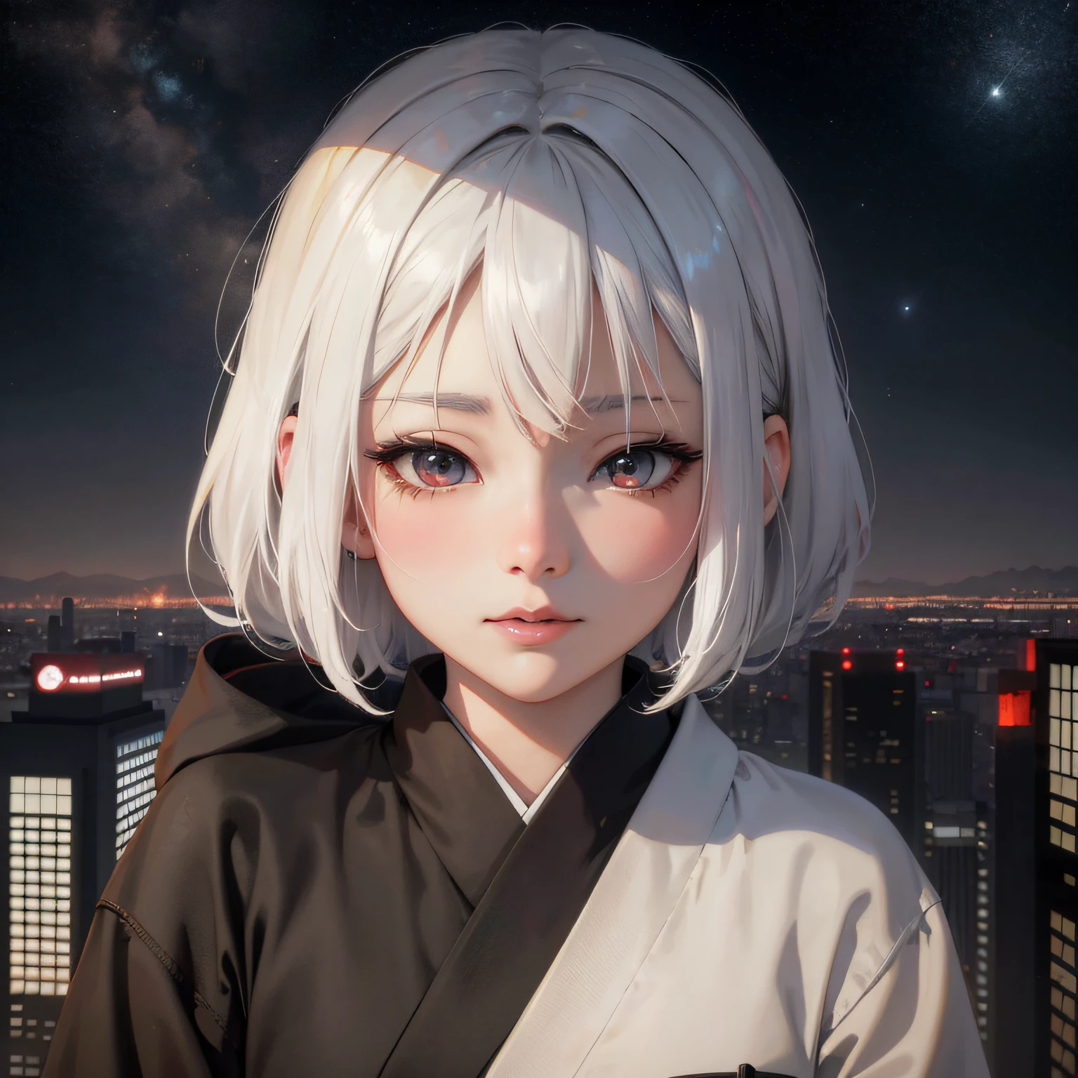 Anime girl with white hair and black kimono standing in front of the city, style of anime4 K, Anime style. 8K, Realistic anime 3 D style, Guviz-style artwork, Portrait of an anime girl, Digital anime art, anime styled digital art, detailed portrait of an anime girl, anime realism style, Digital anime illustration, anime styled 3d